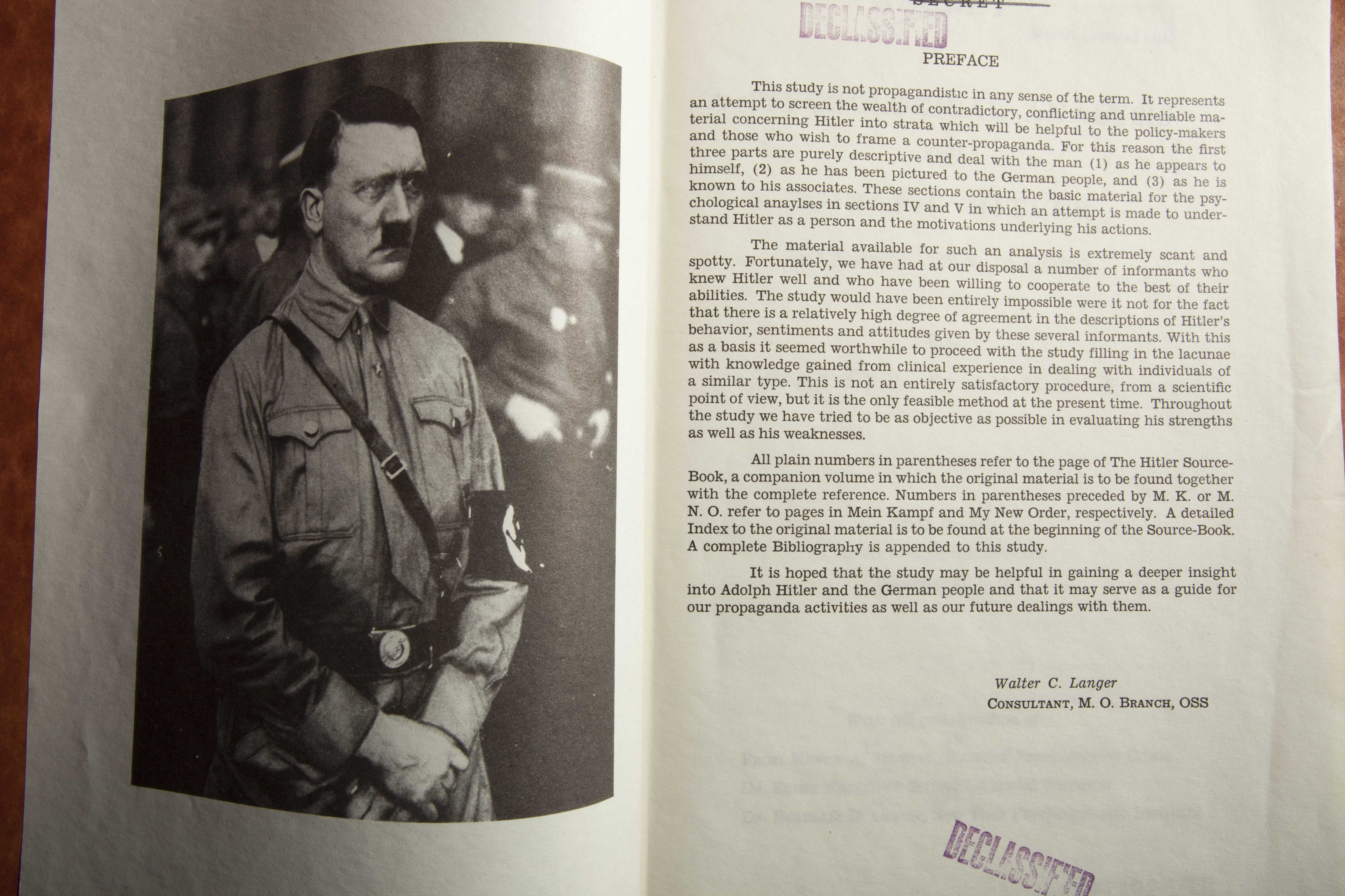 The preface of Walter Langer's book, alongside a photo of Adolph Hitler.