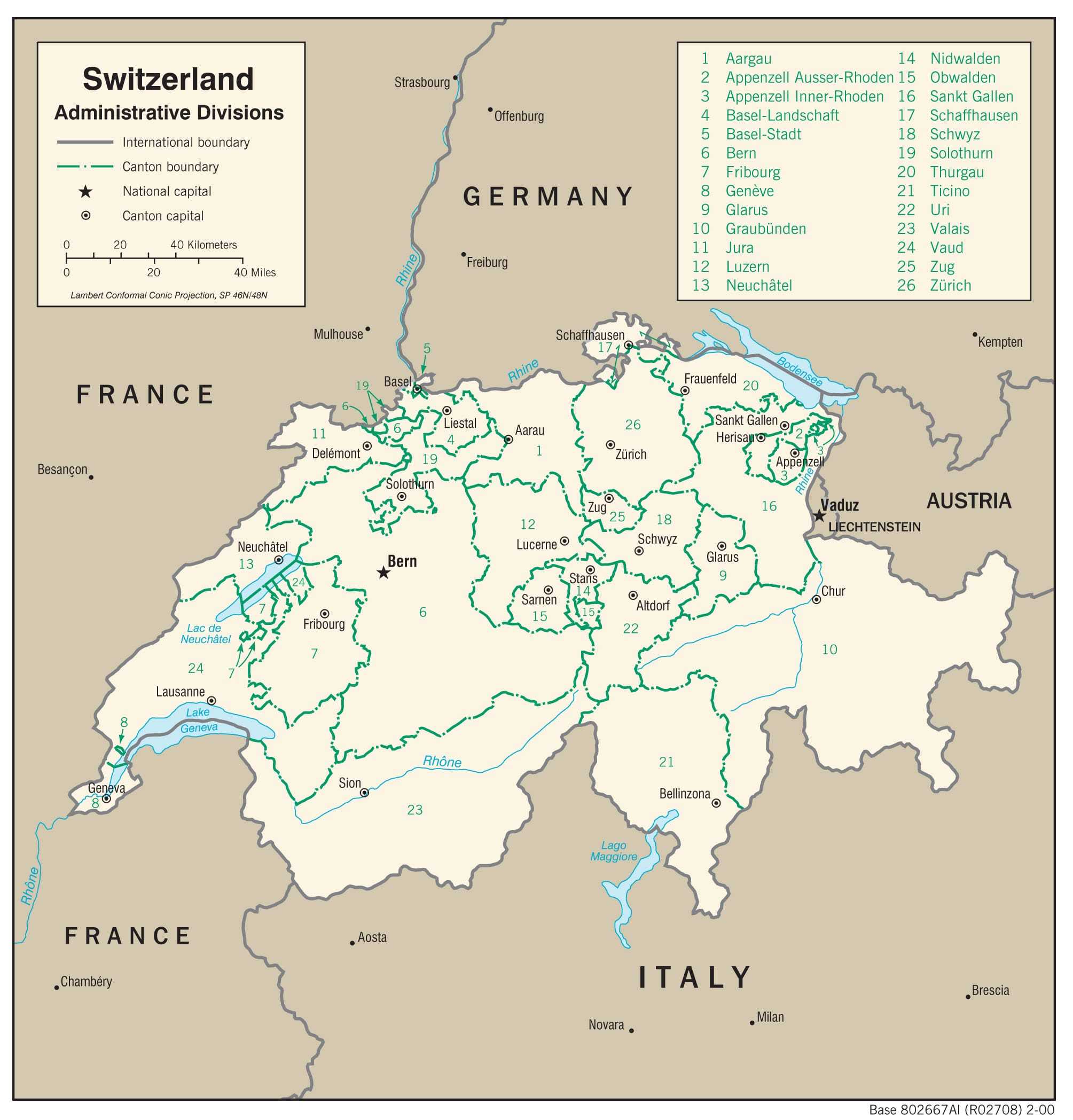 Administration map of Switzerland.