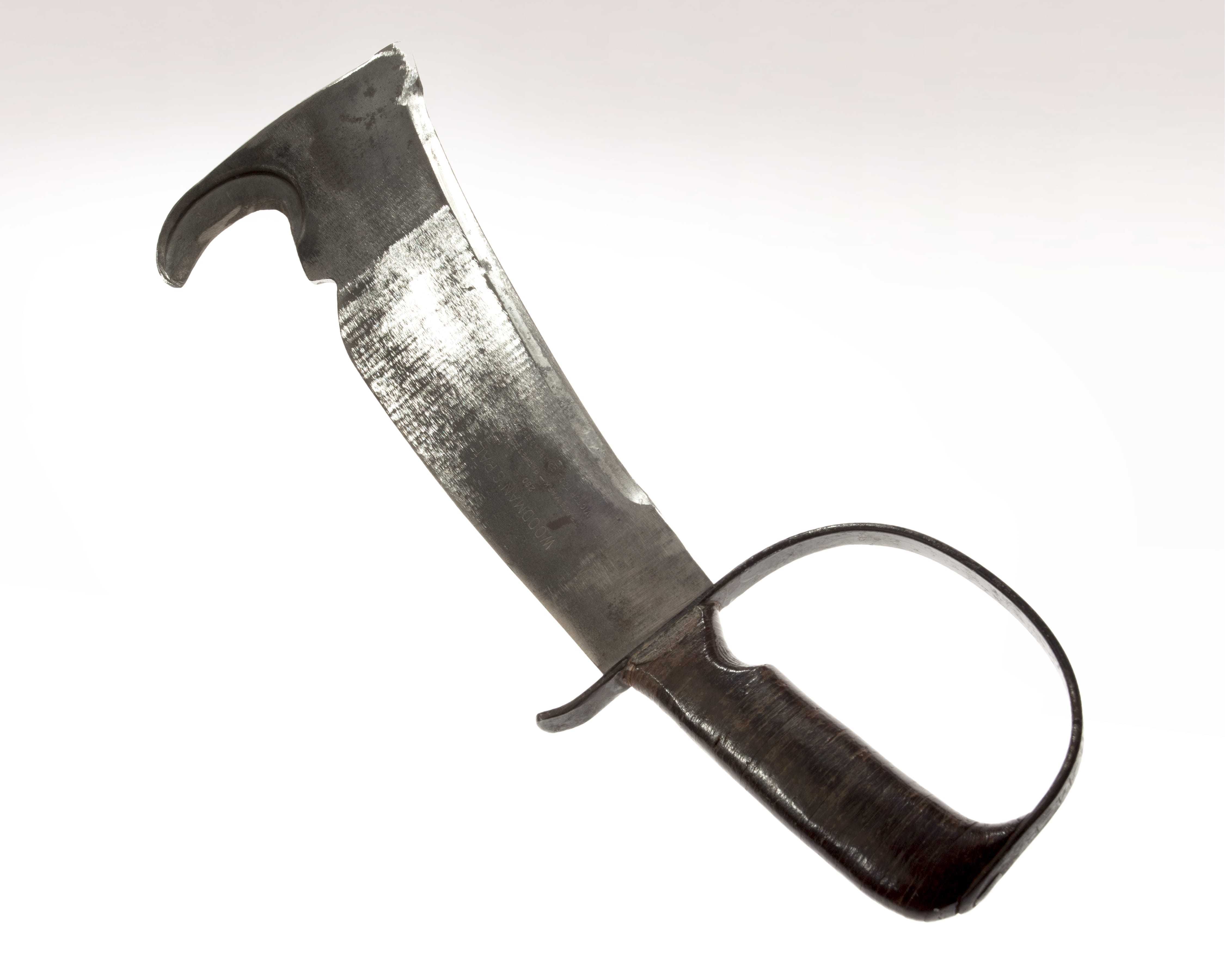 A knife with a wide blade and a blunt end that wraps into a hook