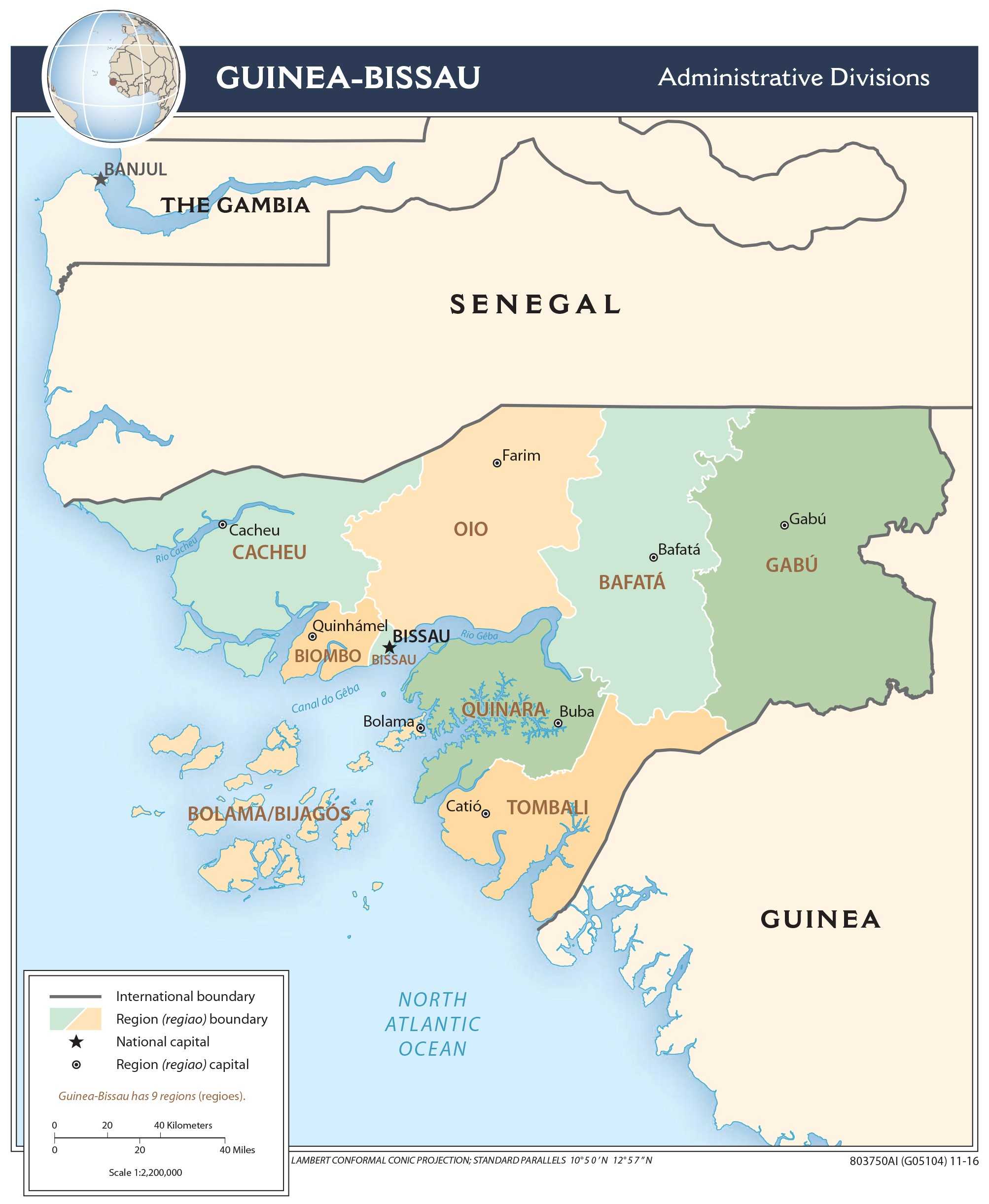 Administrative map of Guinea Bissau.
