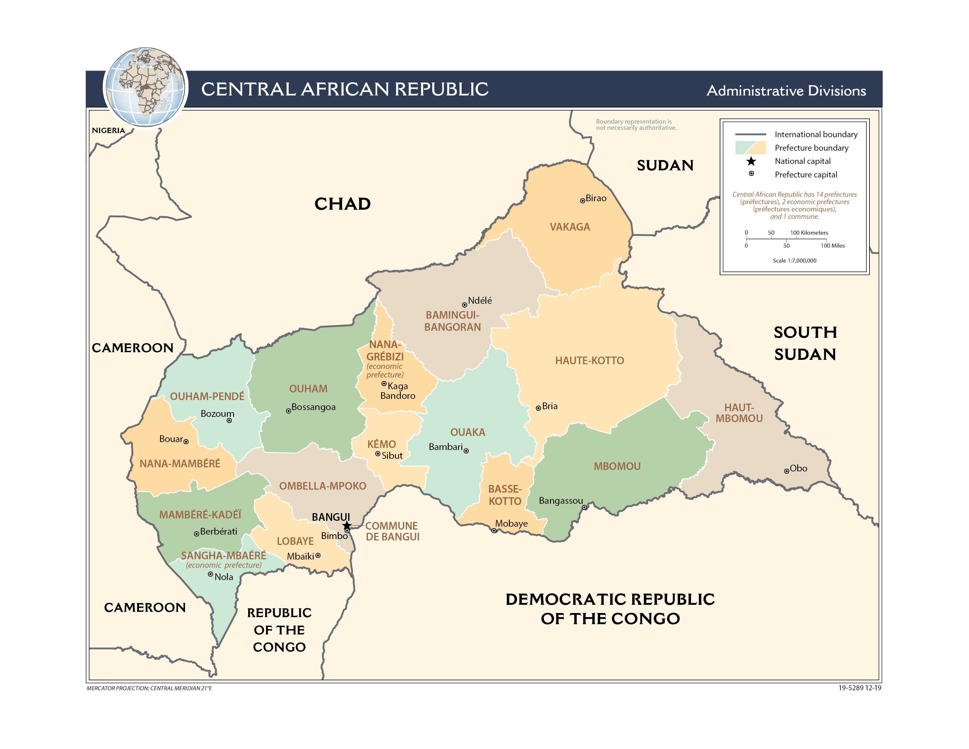 Administrative map of Central African Republic.