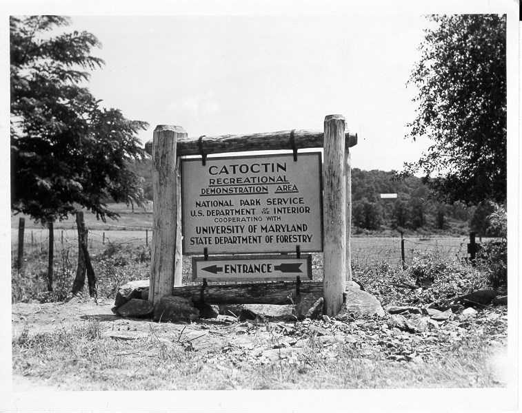 black and white photo of old 1940s sign that reads Catoctin Recreational Demonstration Area.