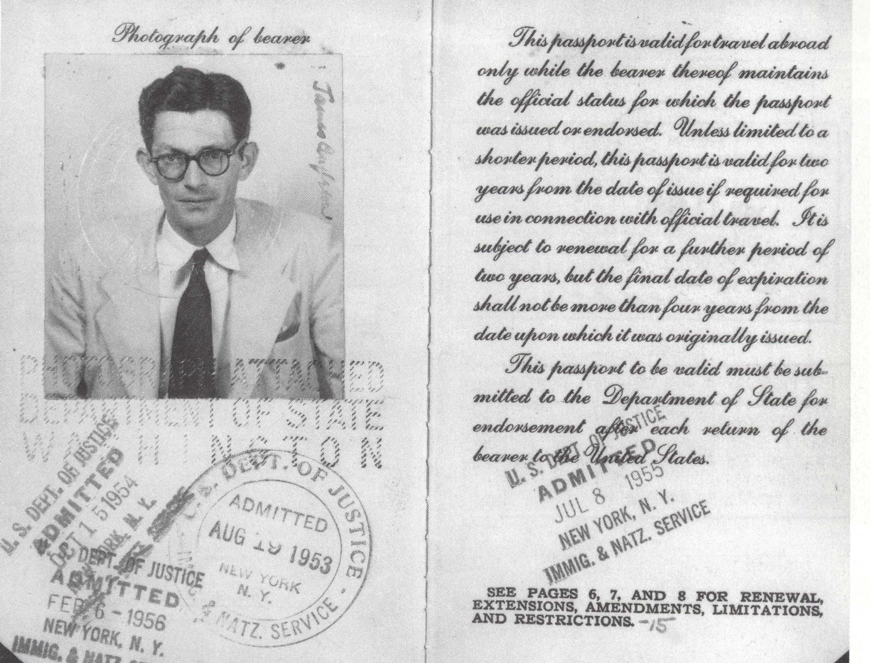 James Angleton's passport with his picture on the left side and his information on the right.