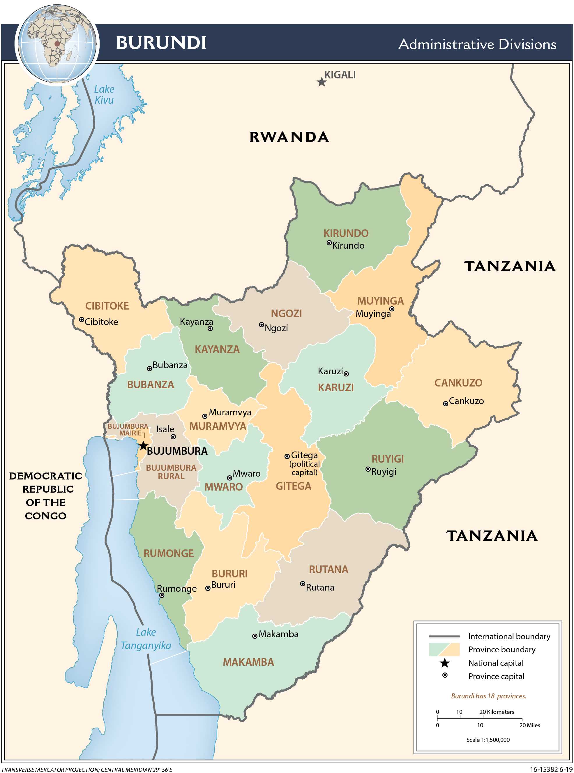 Administrative map of Burundi.