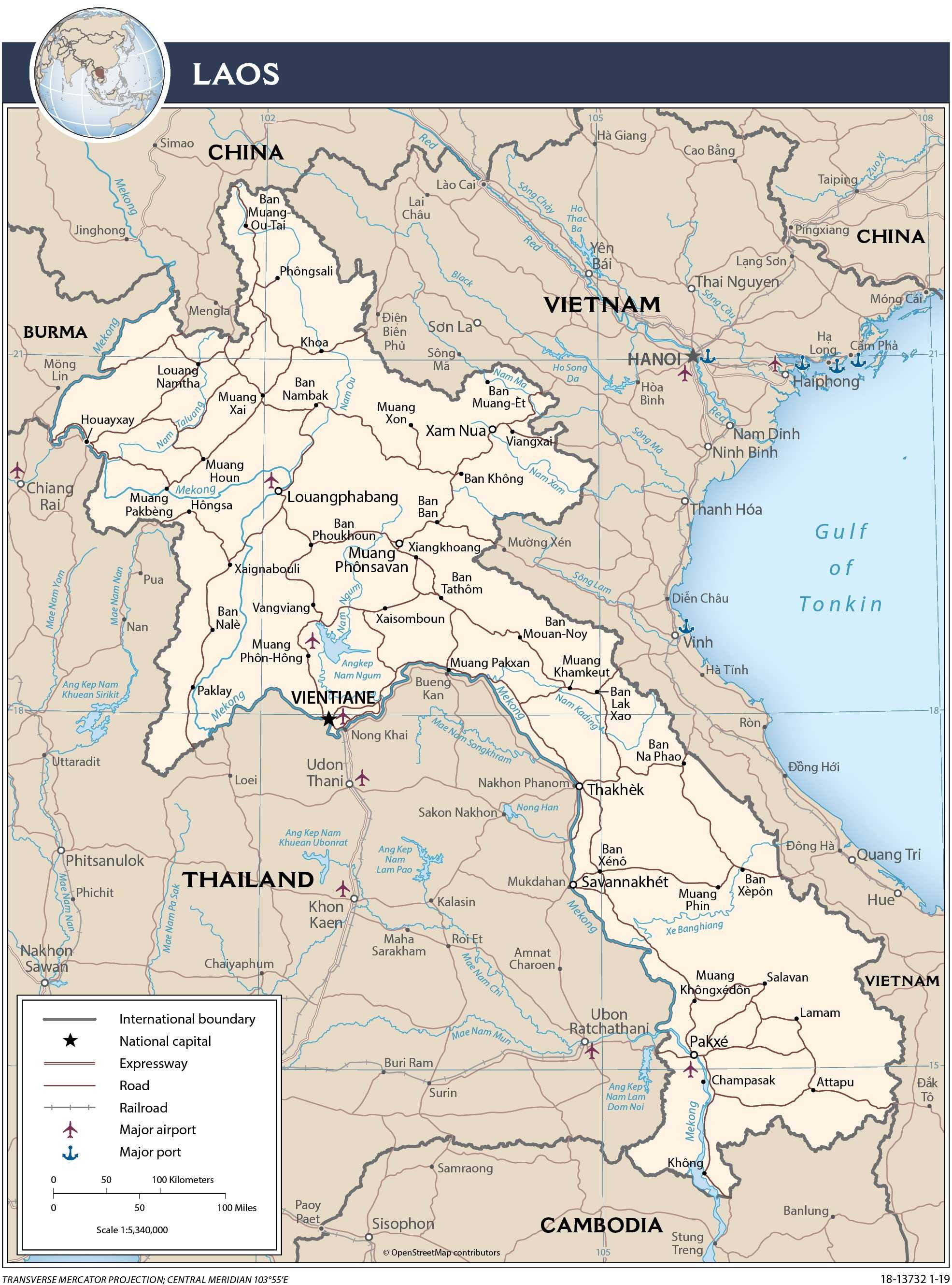 Transportation map of Laos.