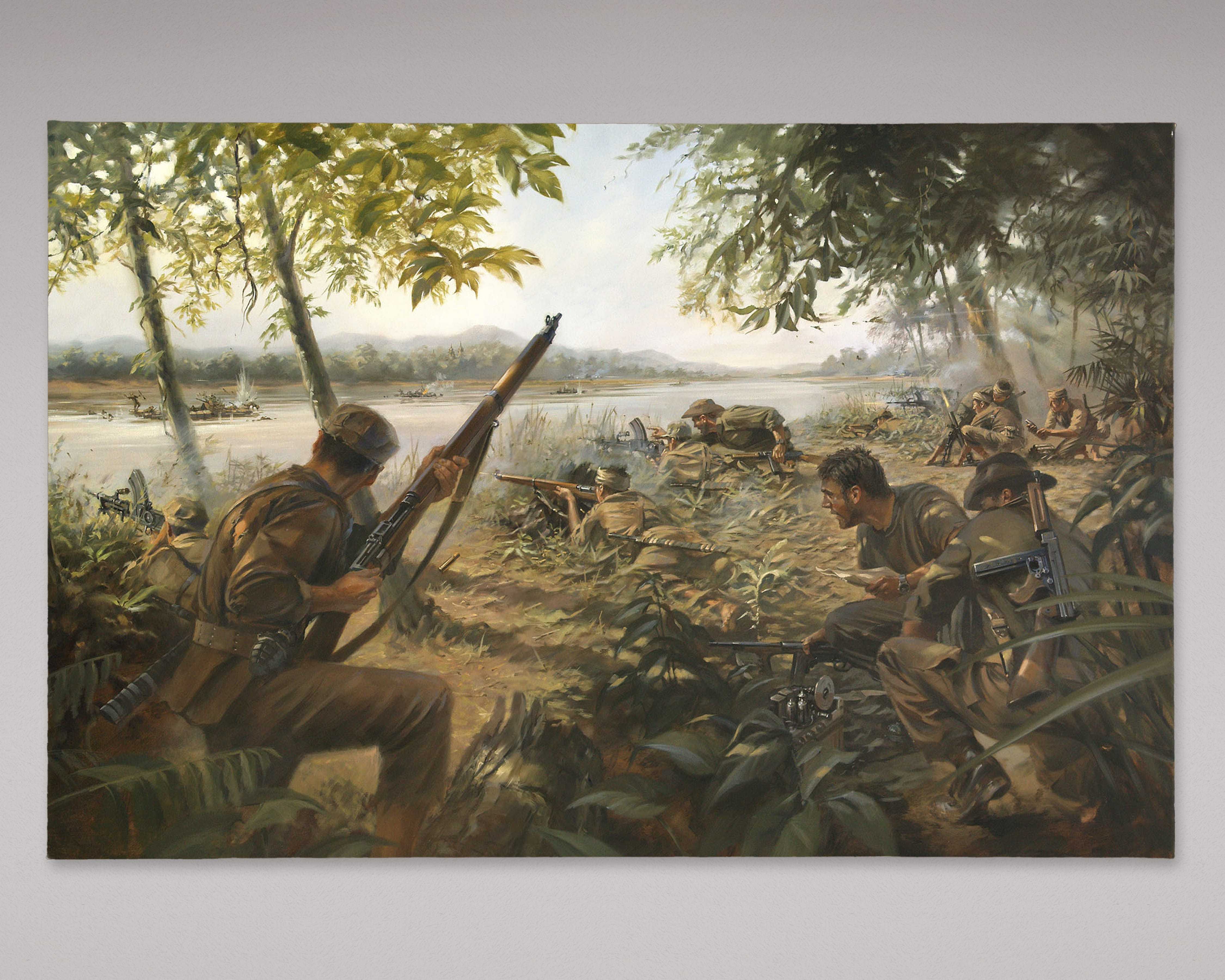 An oil painting of OSS-trained soldiers hiding in the brush to ambush Japanese soldiers on the river