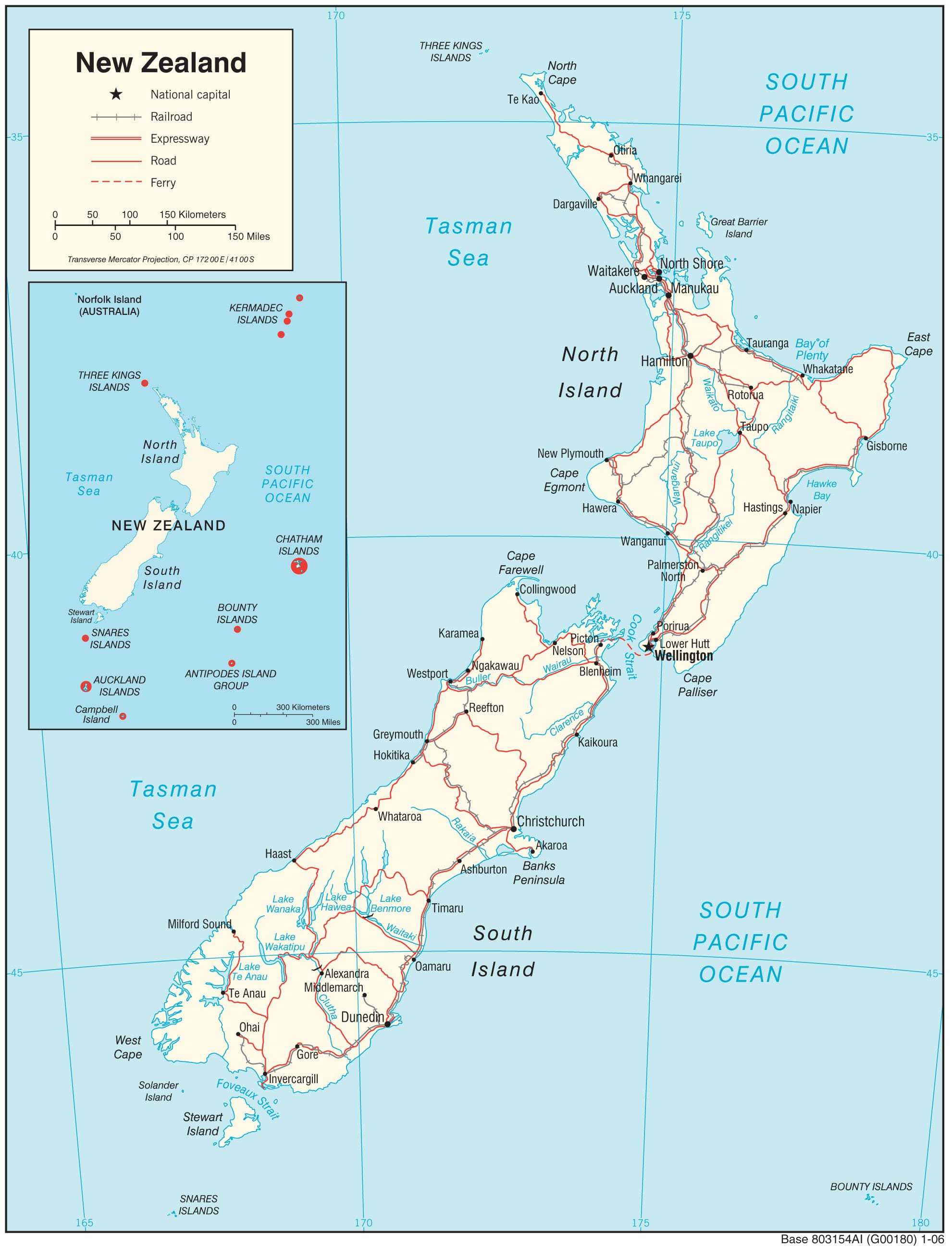 Transportation map of New Zealand.