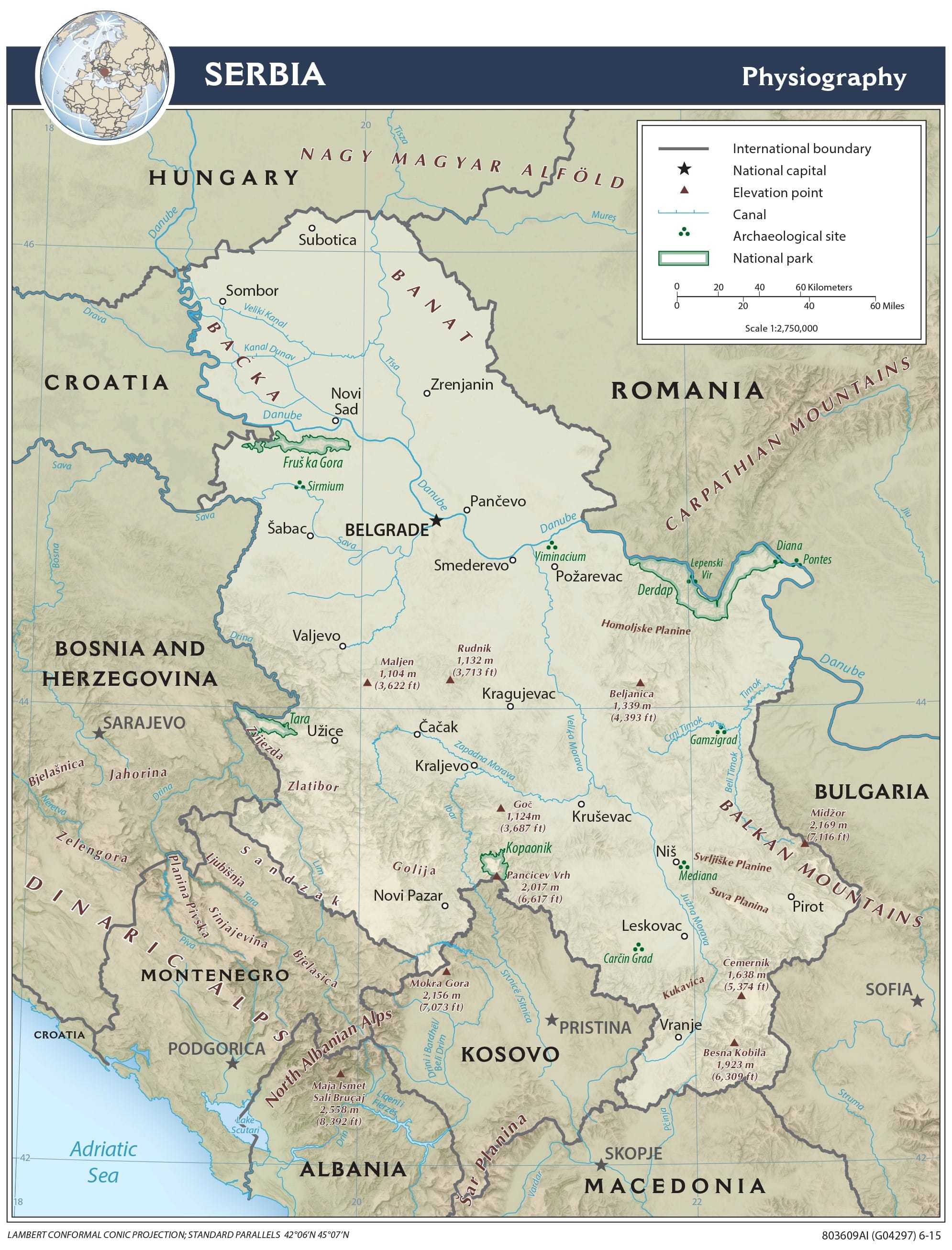 Physiographical map of Serbia.