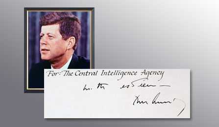 A picture of President J.F. Kennedy and a handwritten note from him thanking the CIA for their services.