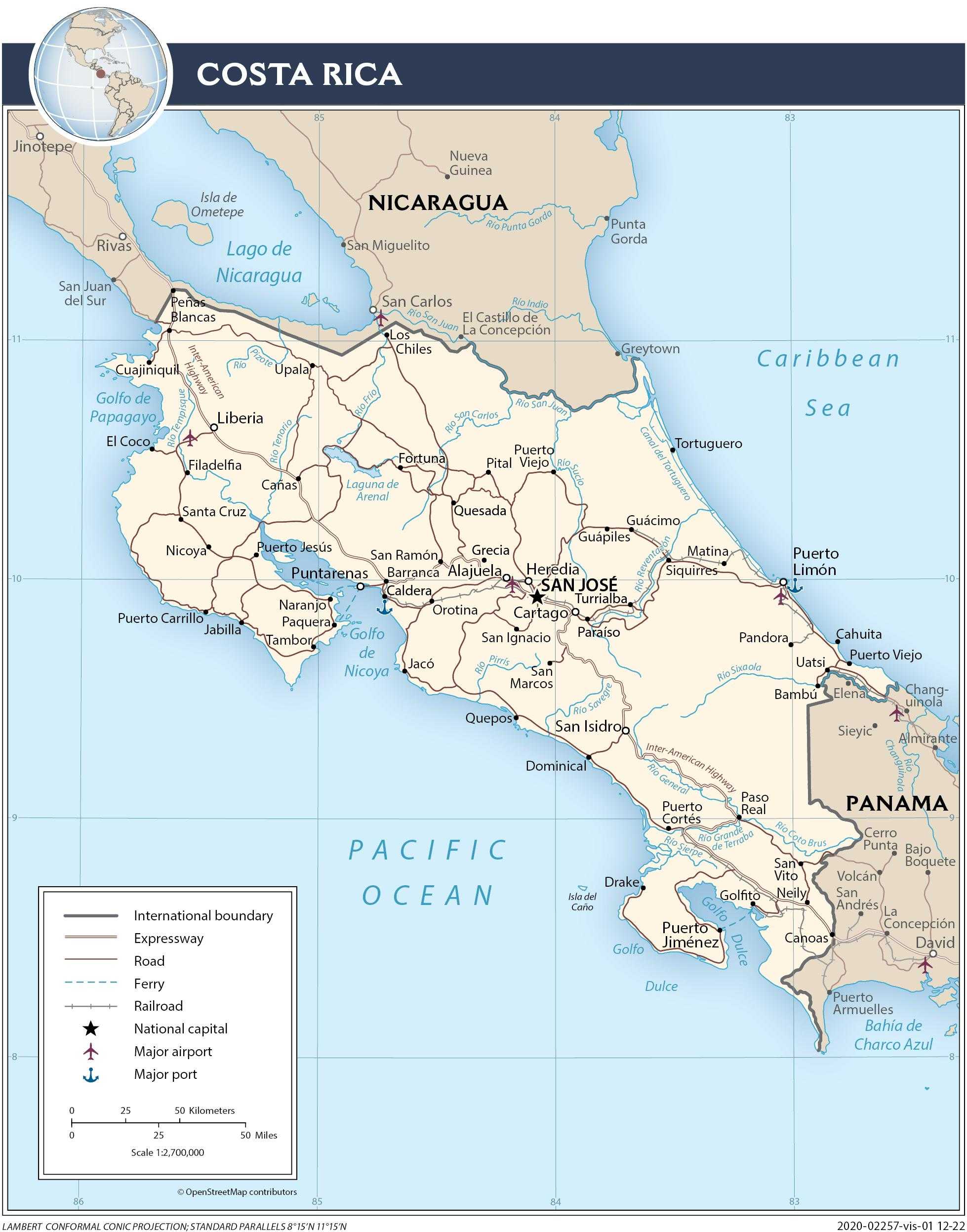 Transportation map of Costa Rica