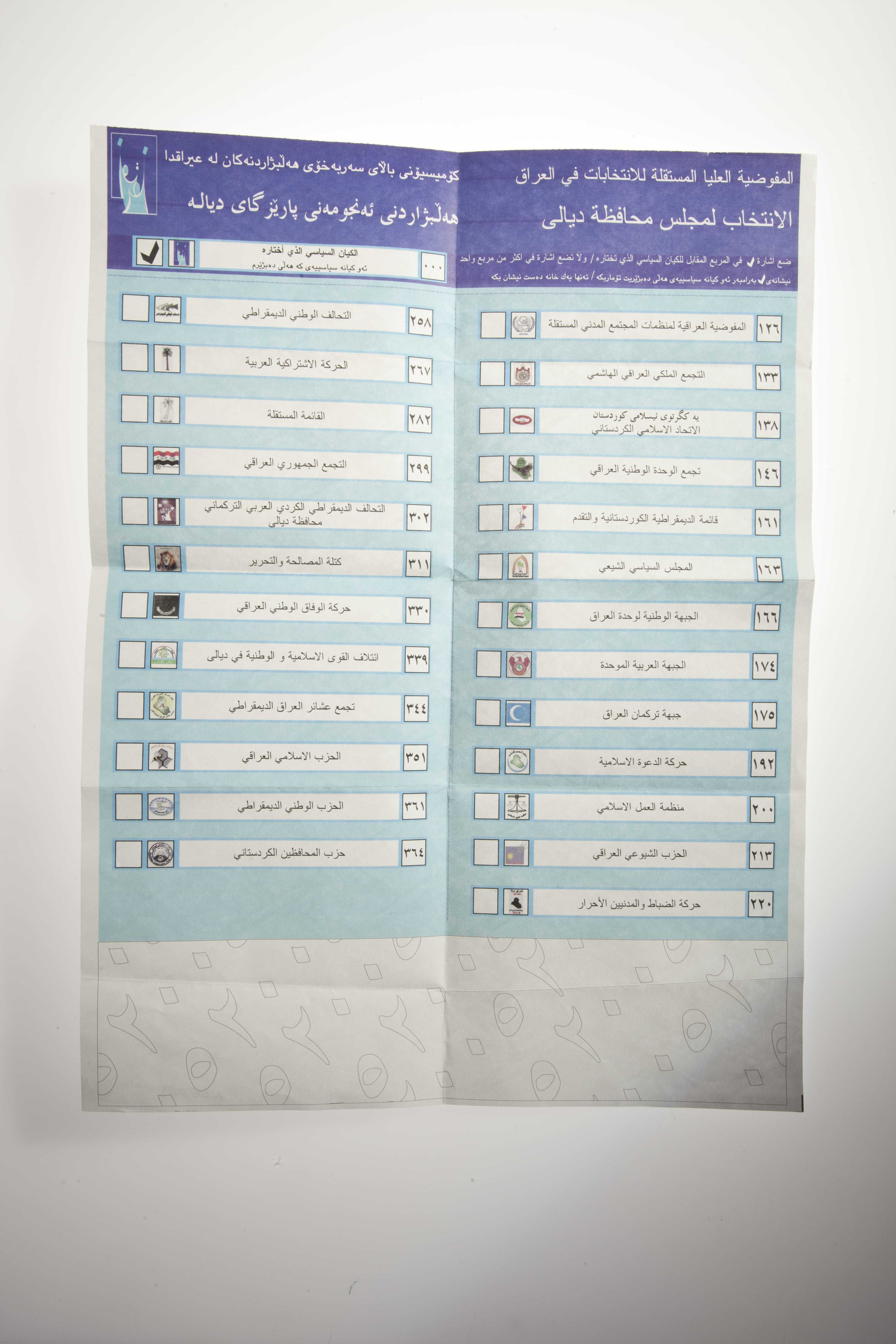 A ballot with rows of checkboxes next to names and photos representing candidates.