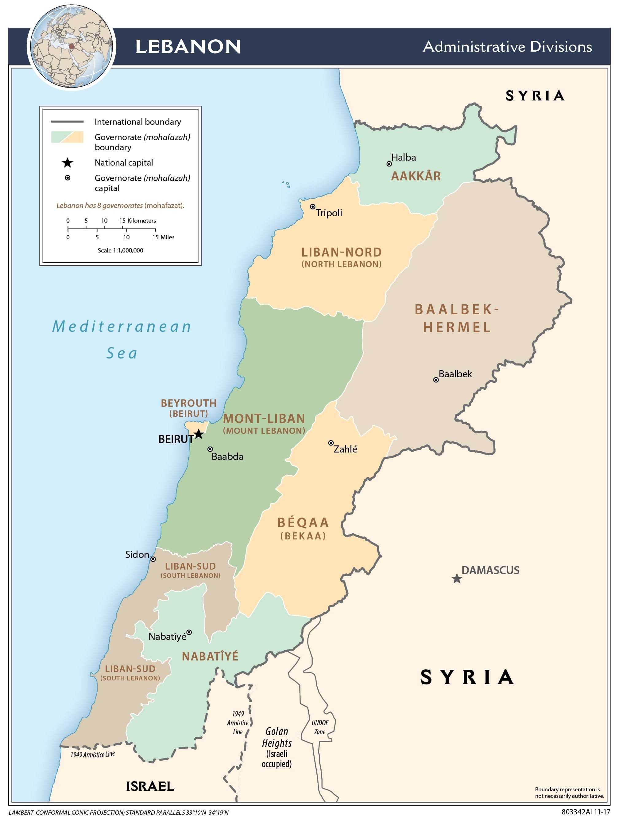 Administrative map of Lebanon.
