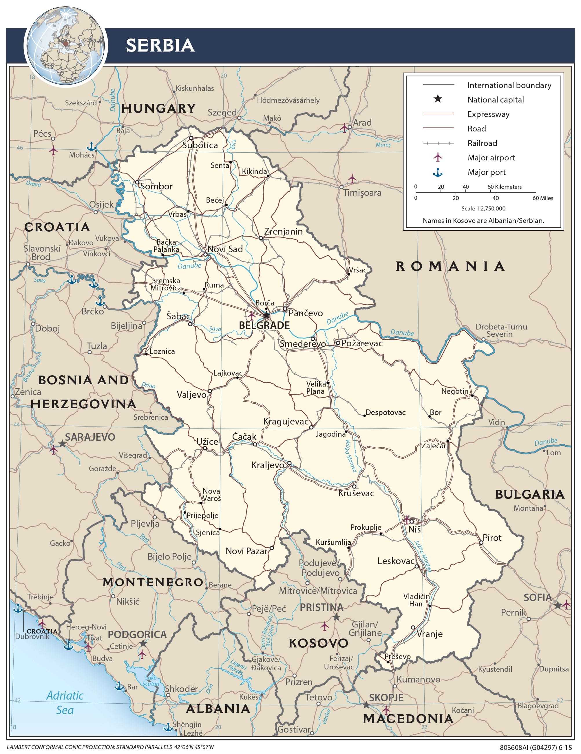 Transportation map of Serbia.