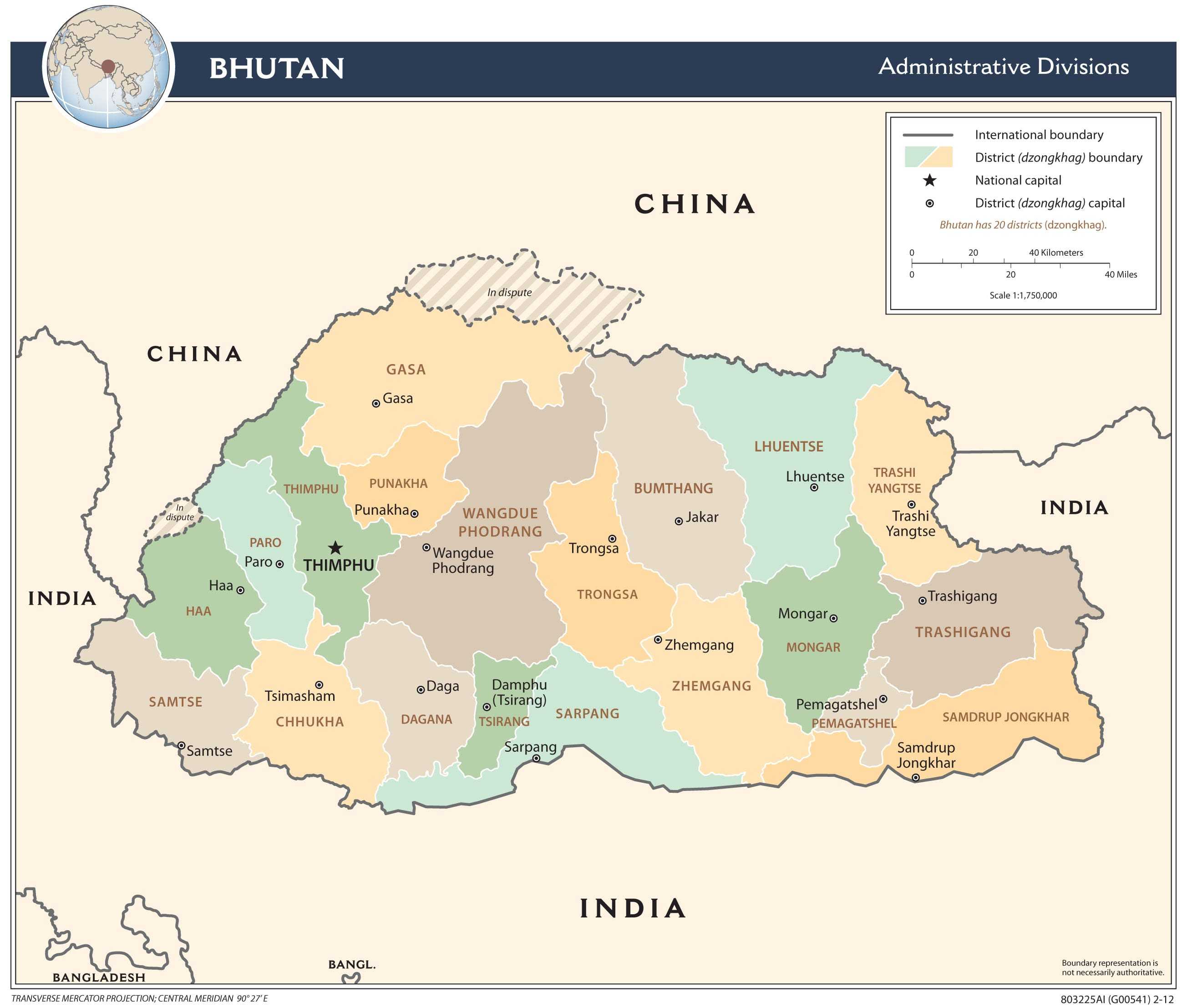 Administrative map of Bhutan.