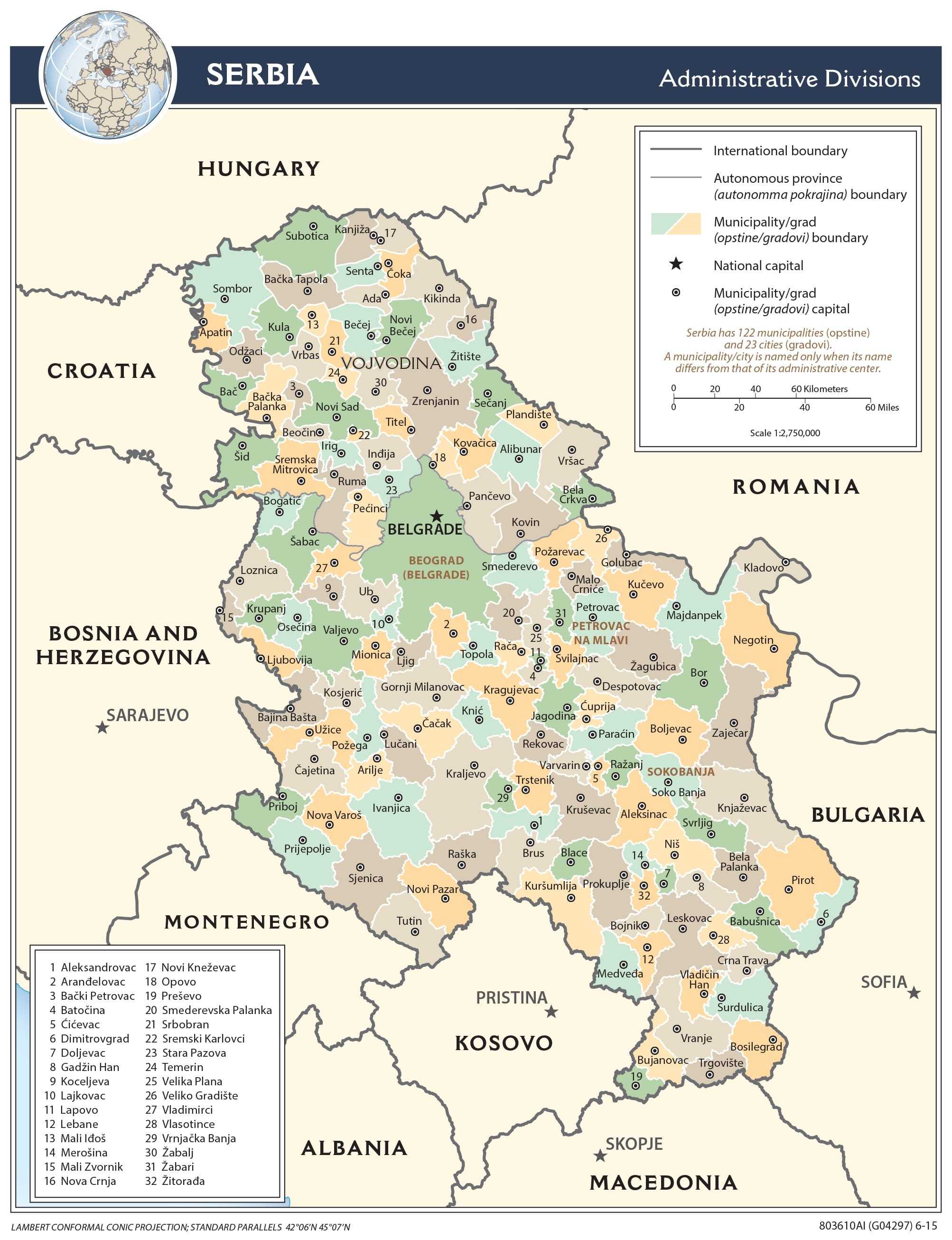 Administrative map of Serbia.