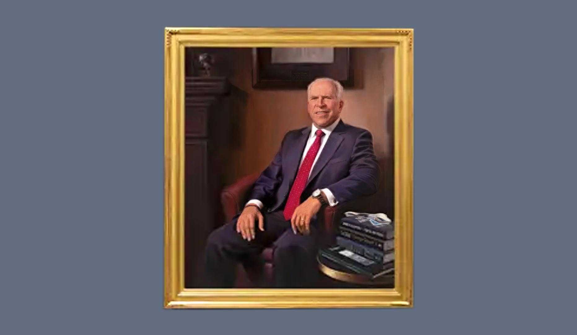 A portrait of former CIA director John O. Brennan in a gold frame.