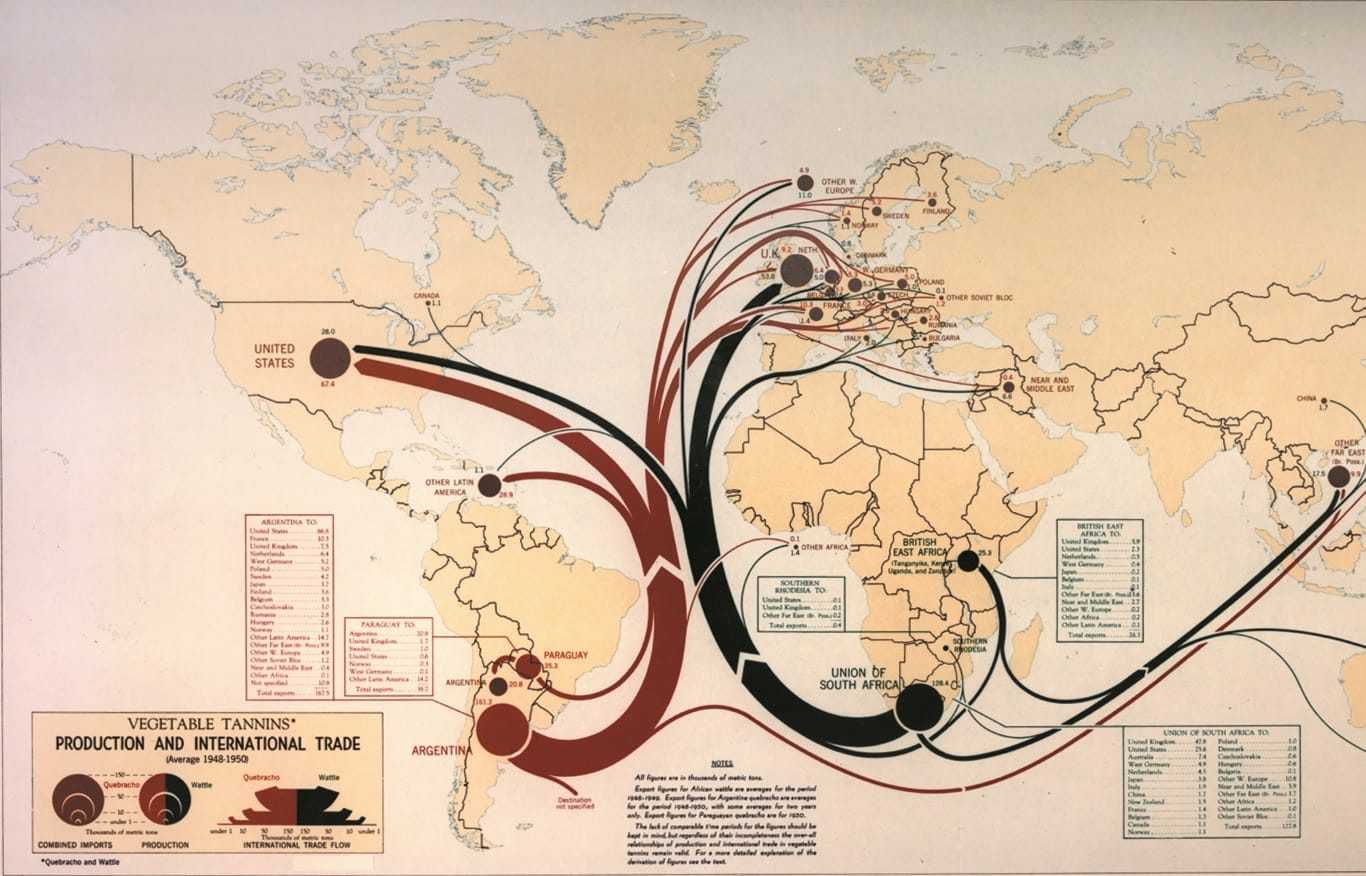 A world map showing international trade with red and black lines.