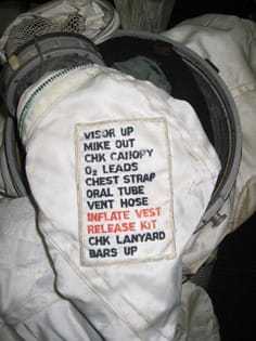 A checklist on the sleeve of an A12 pilot explaining what to do after ejecting.