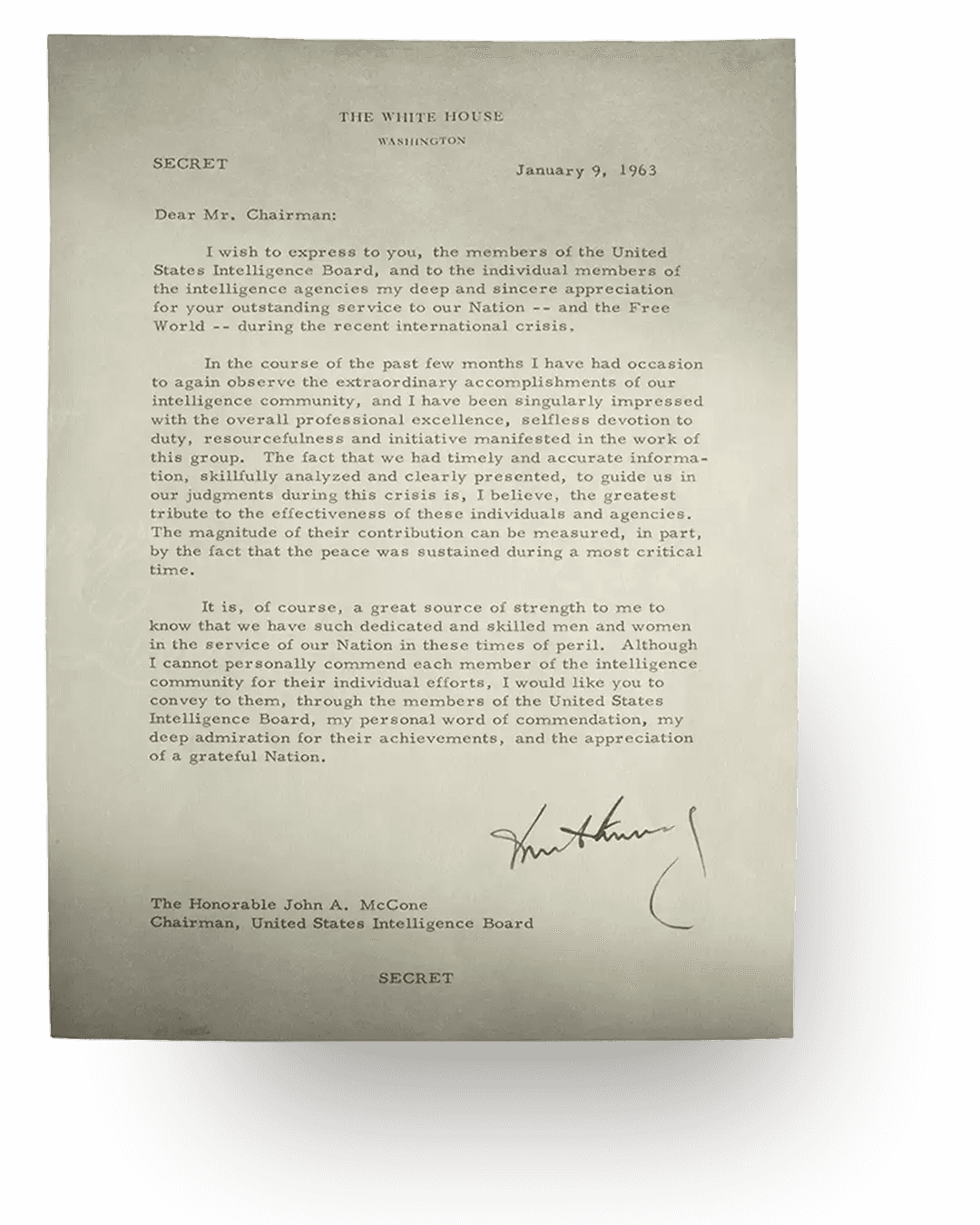 A letter addressed to Mr. Chairman written on White House stationery.