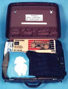A mock model of the suitcase used to hide plastic explosives that were detonated in Pan Am Flight 103.
