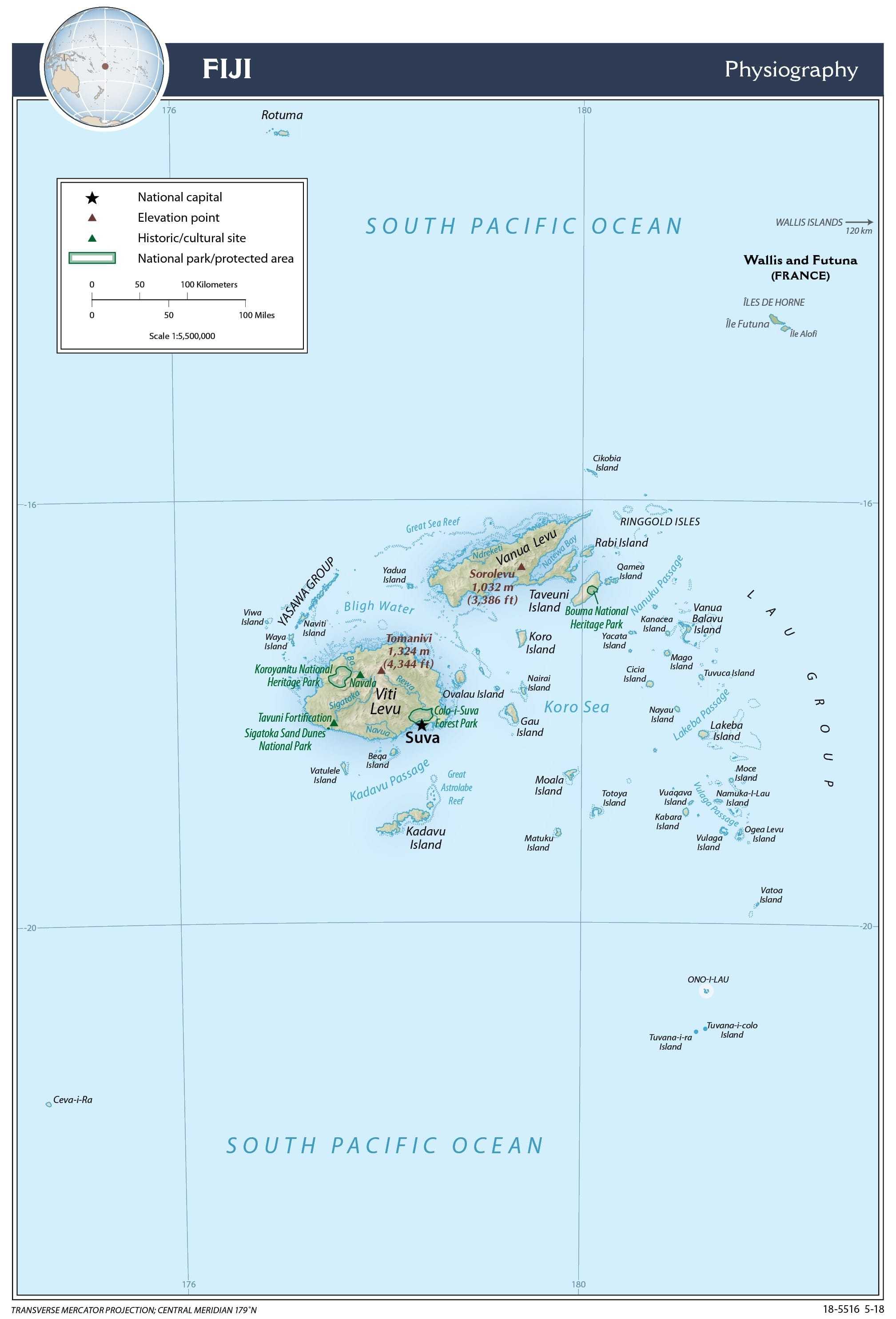 Physiography map of Fiji.