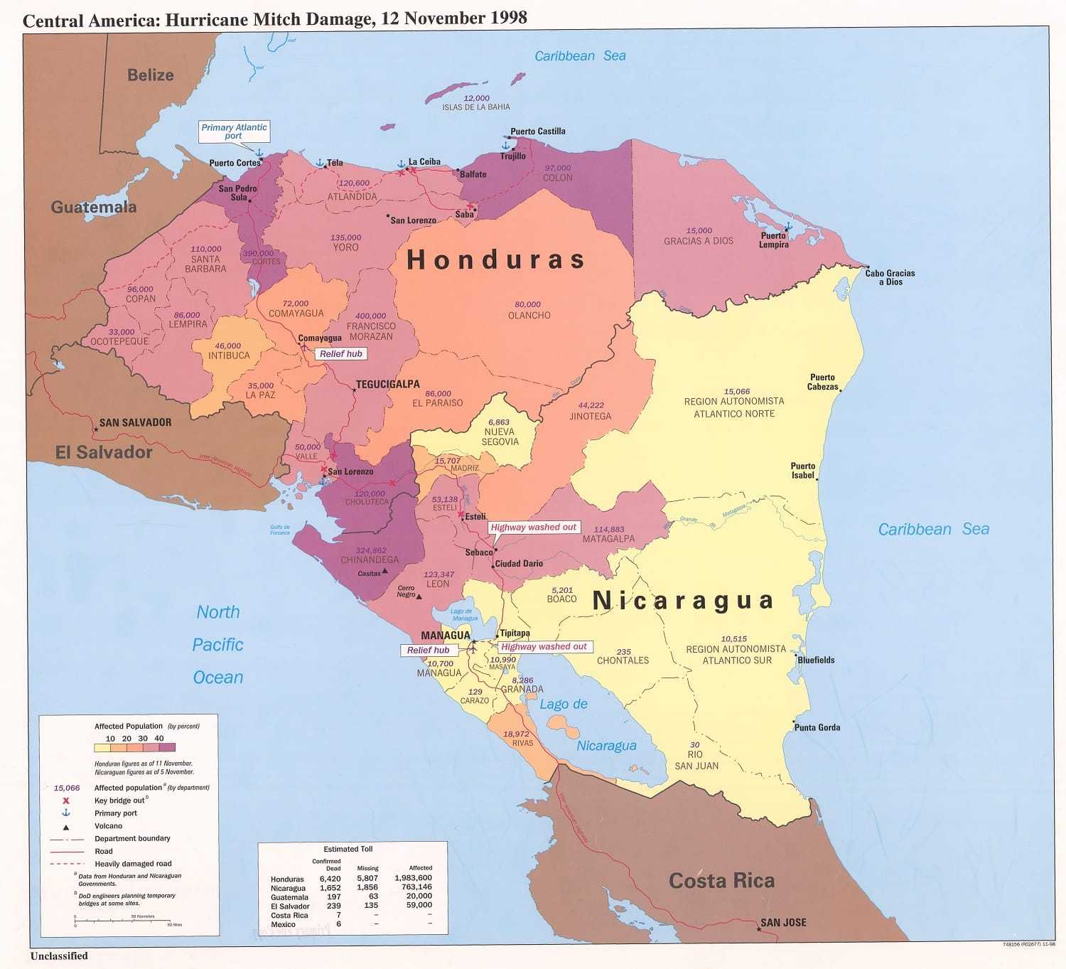 Map of Central America depicting damage from Hurricane Mitch.