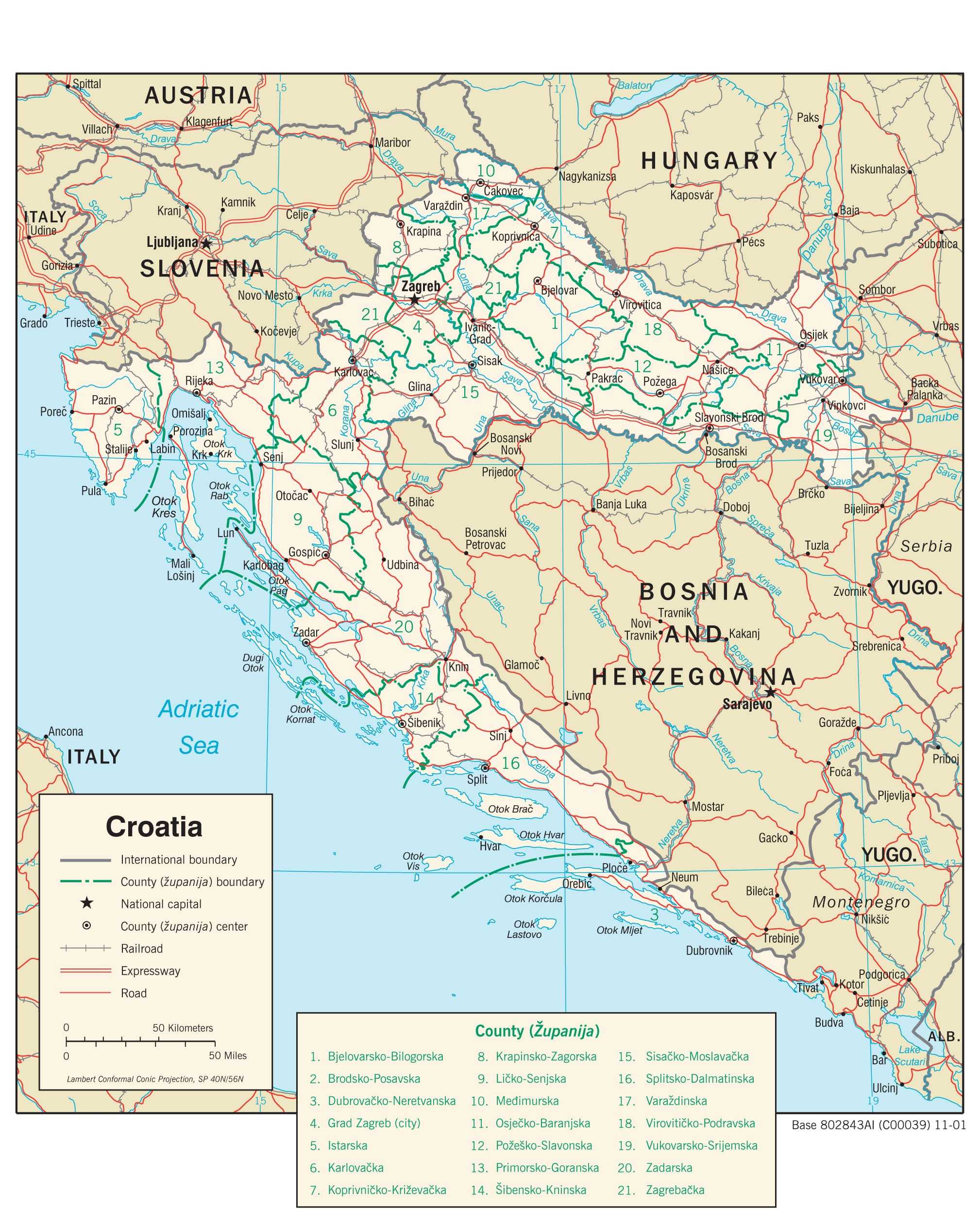 Transportation map of Croatia.