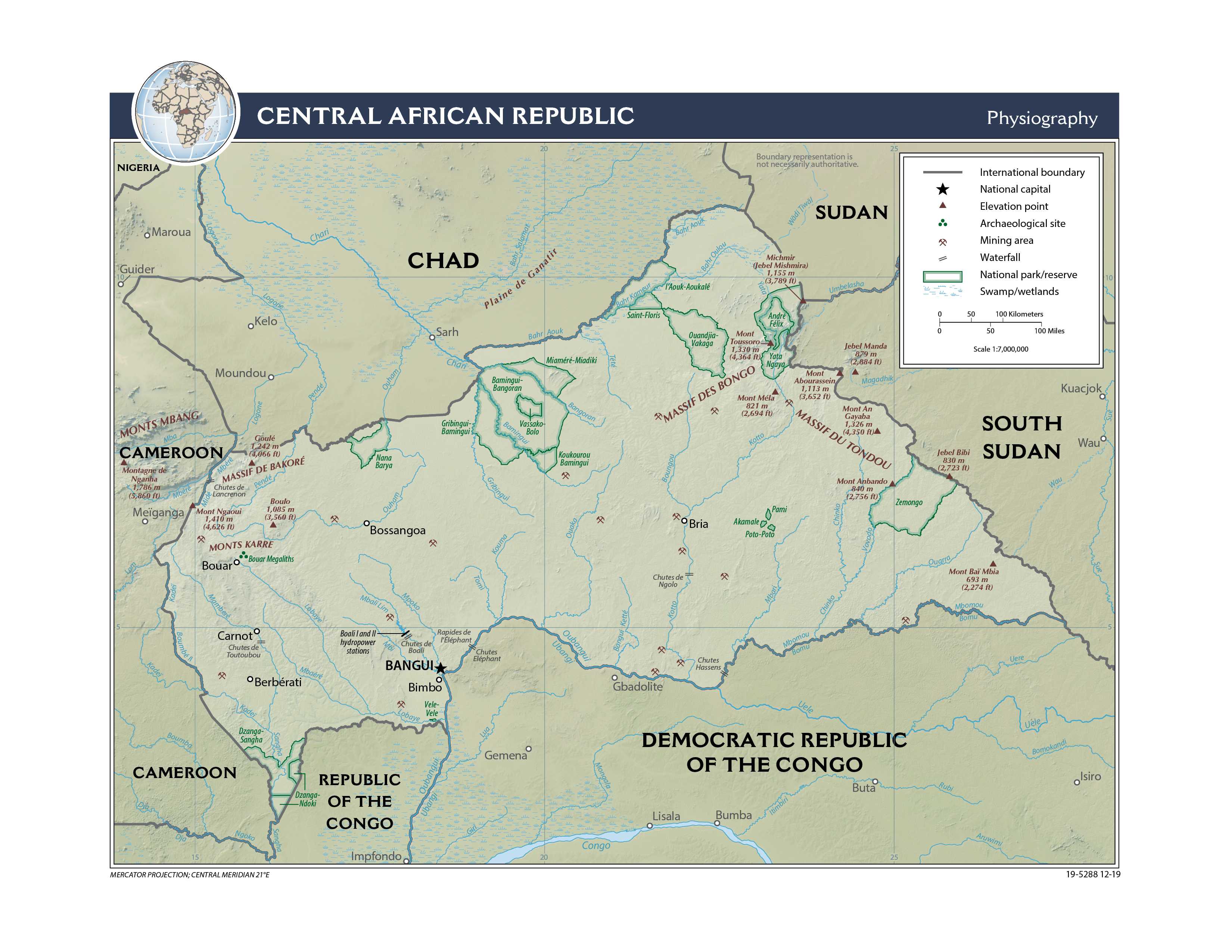 Physiographical map of Central African Republic.