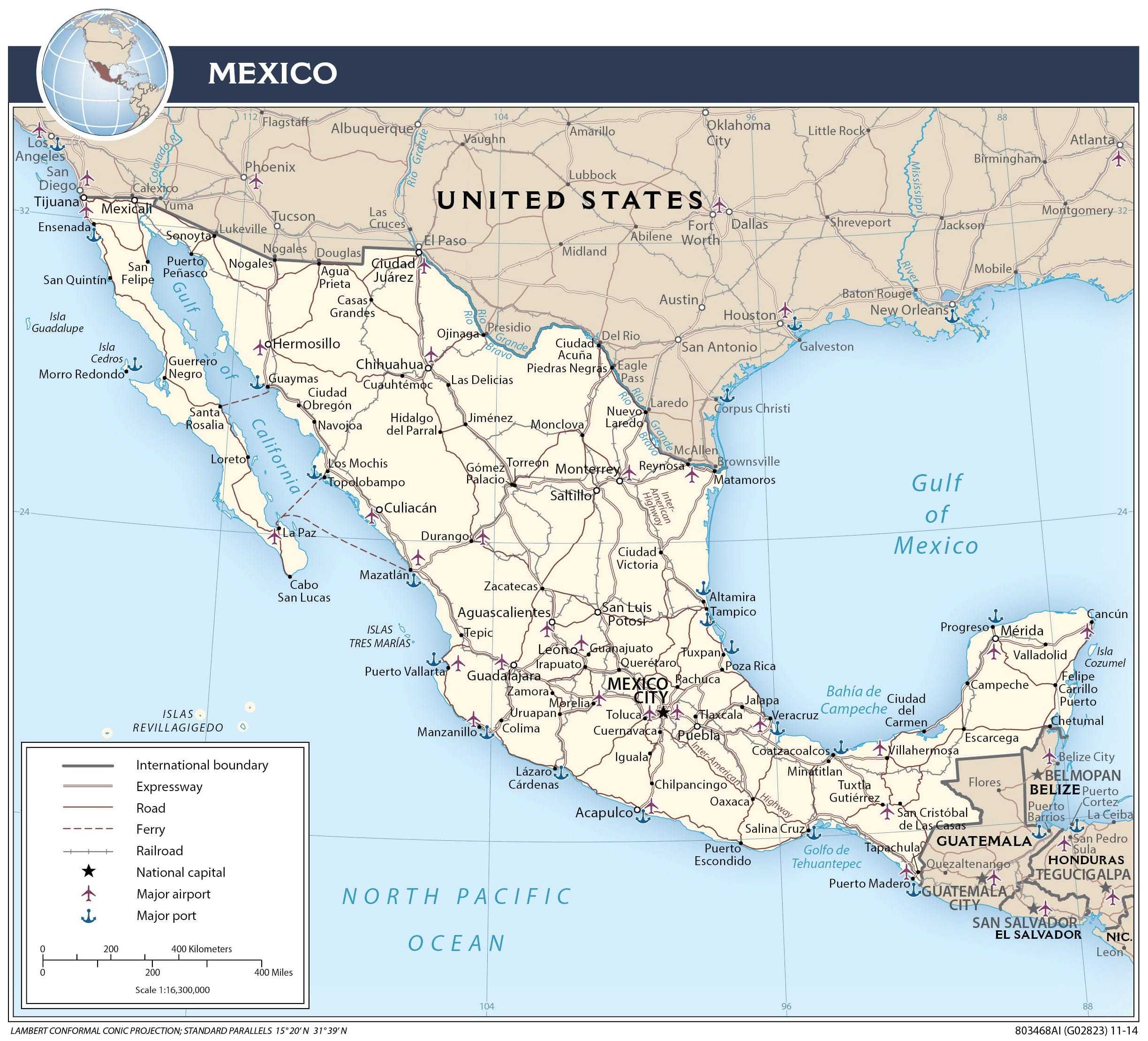 Transportation map of Mexico.