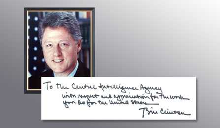 A picture of President Clinton and a handwritten note from him thanking the CIA for their services.