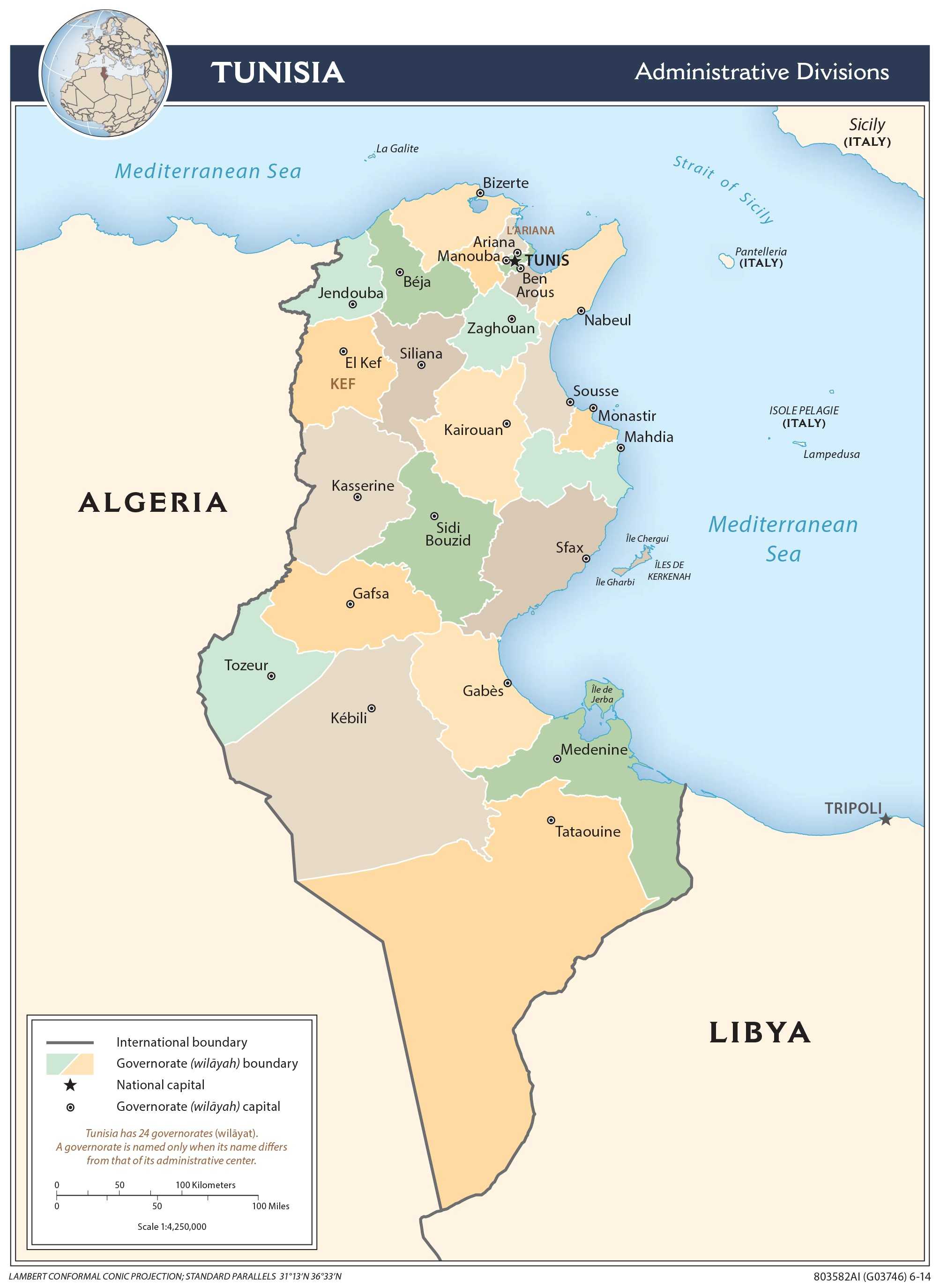 Administrative map of Tunisia.