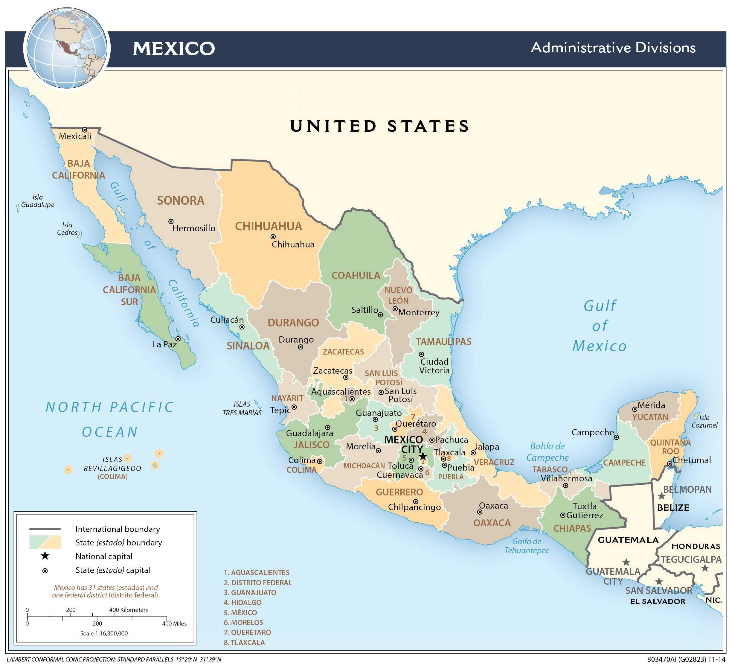 Administrative map of Mexico.