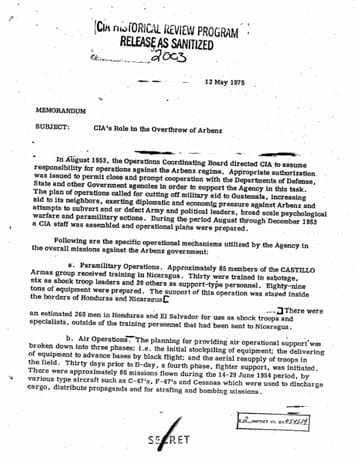 Image of previously-cleared documentation on CIA's Role in the Overthrow of Arbens.