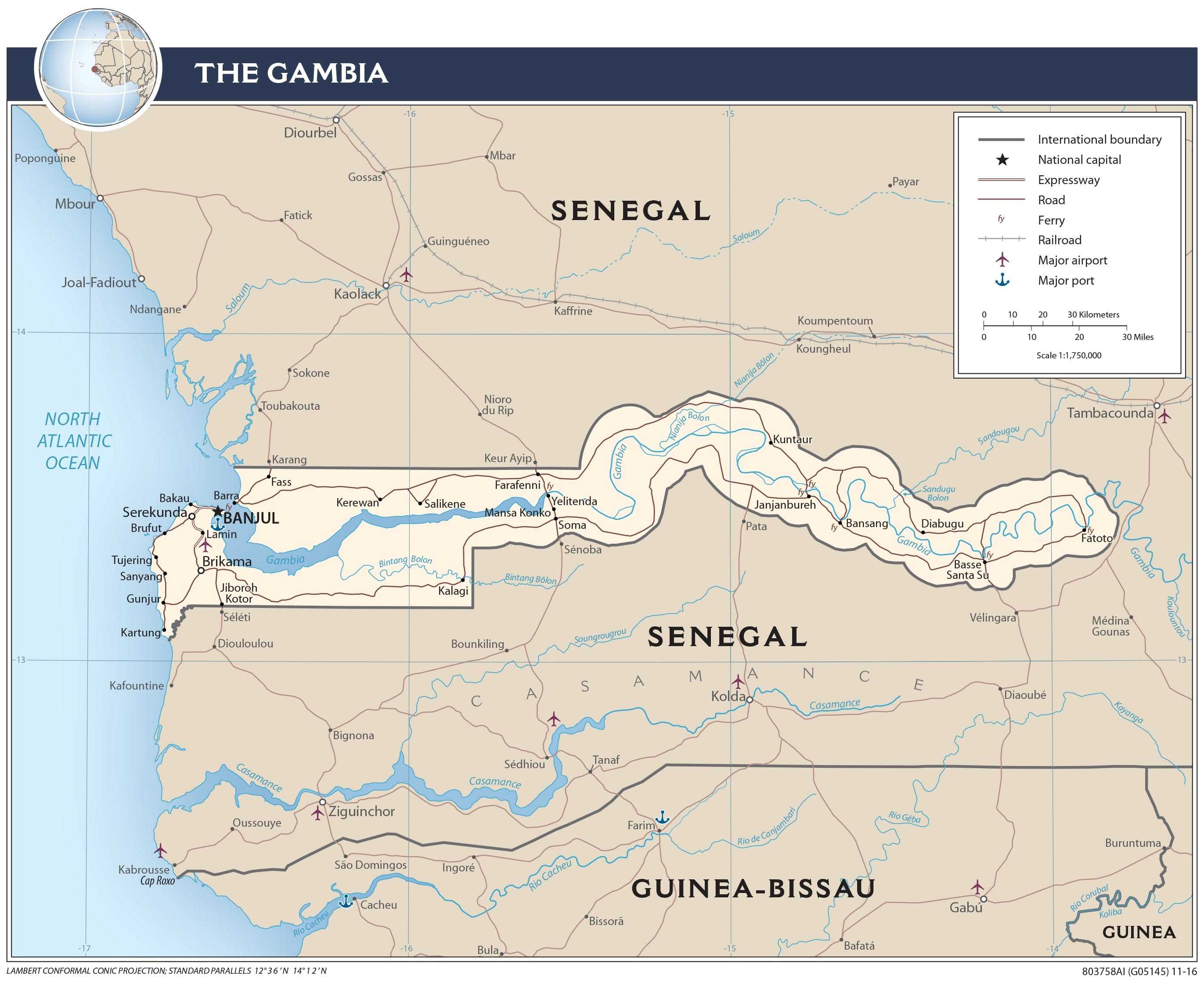 Transportation map of Gambia.