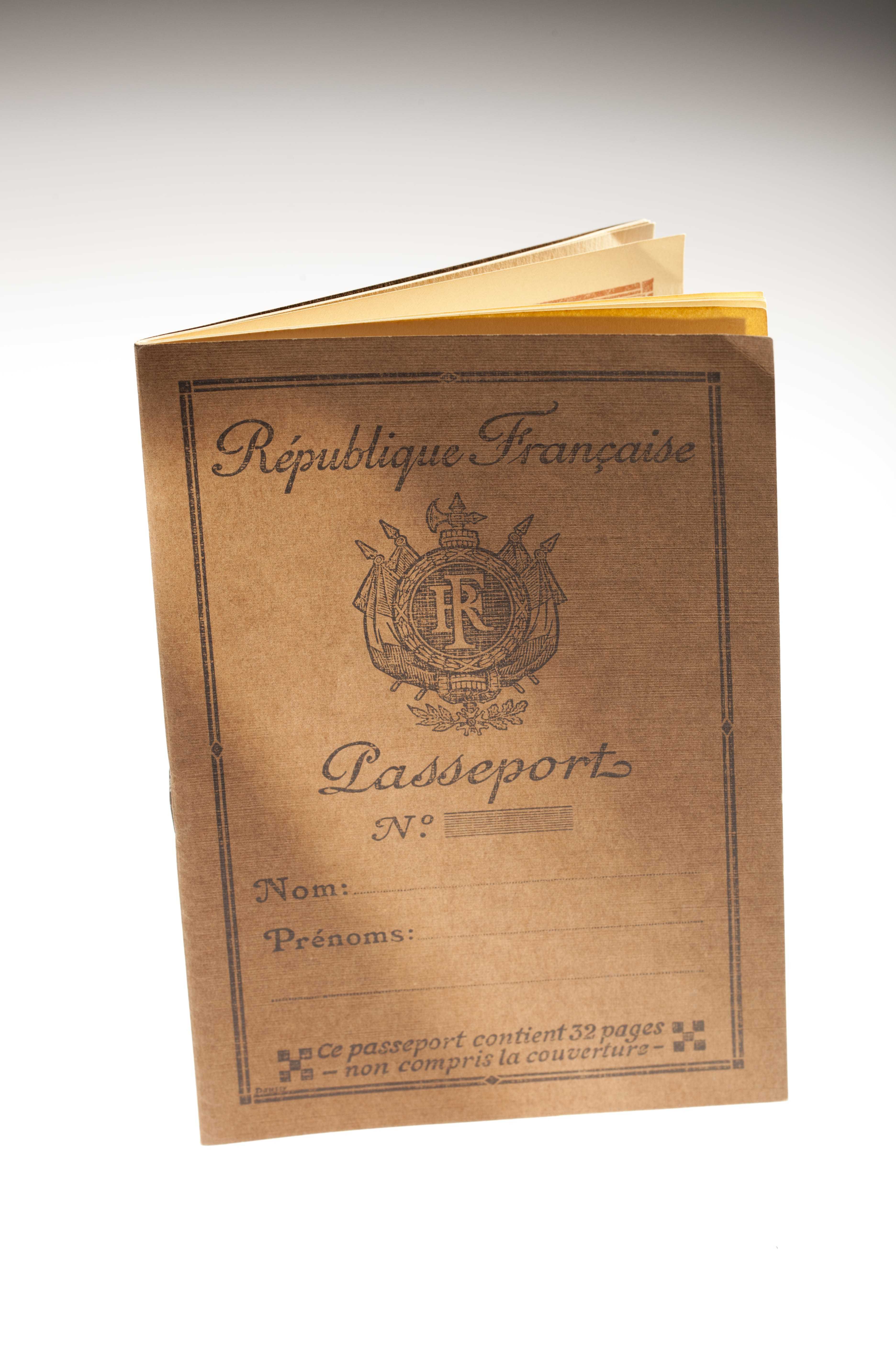 The cover of a forged French passport with French text and a seal.