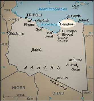A Map of Lybia with the city of Benghazi highlighted.