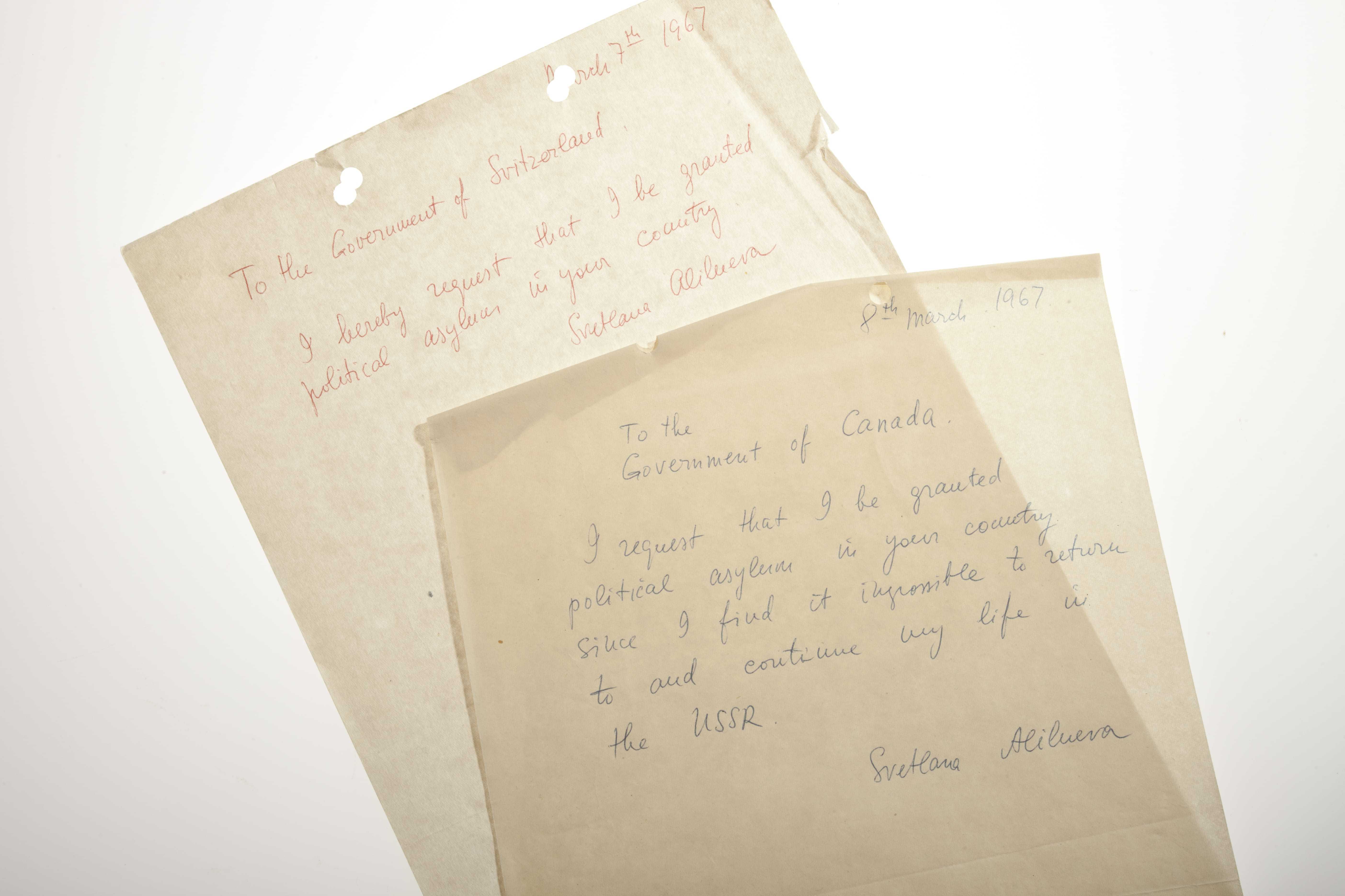 Two handwritten letters from Svetlana Alliluyeva, one addressed to the government of Switzerland and one to the Government of Canada.