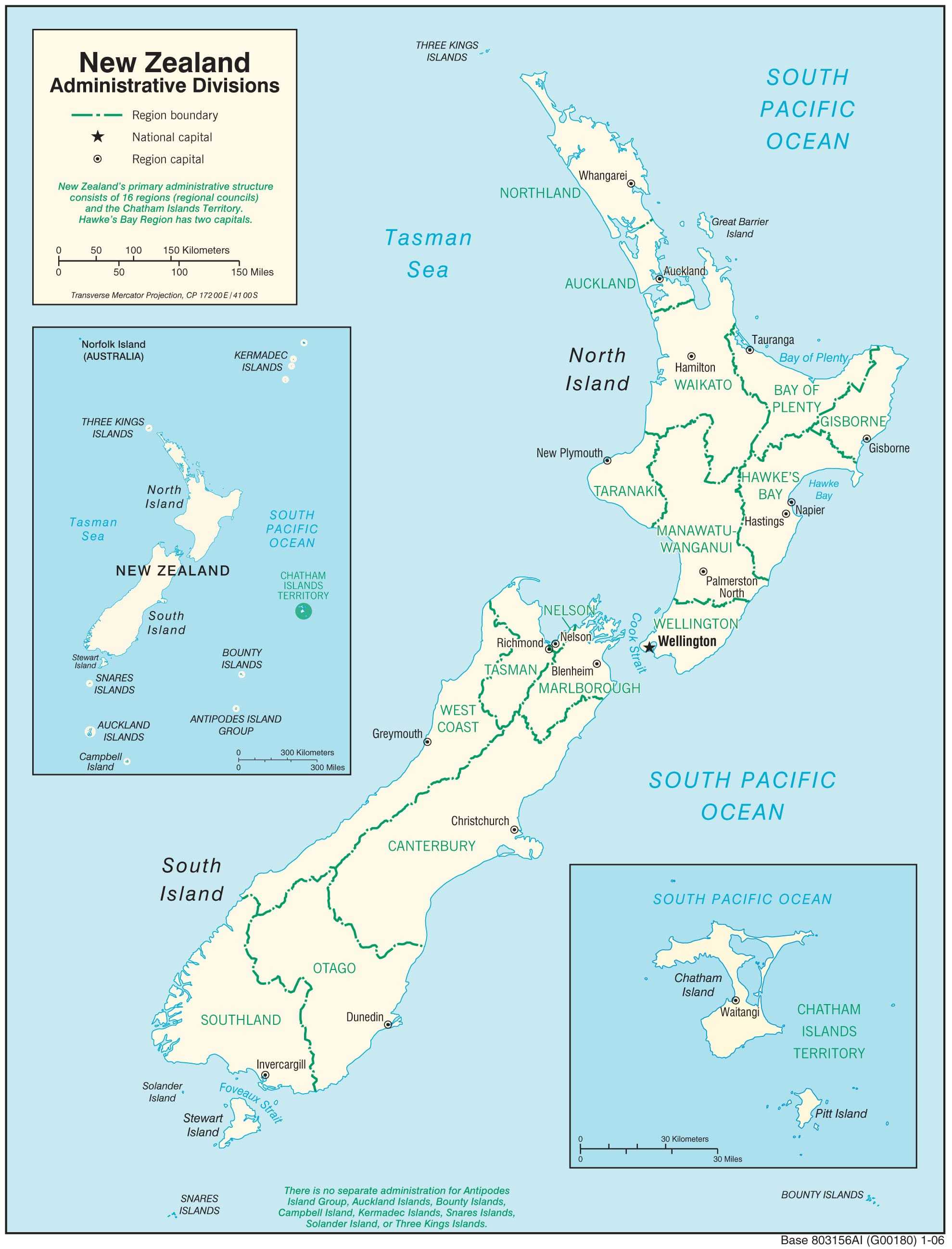 Administration map of New Zealand.