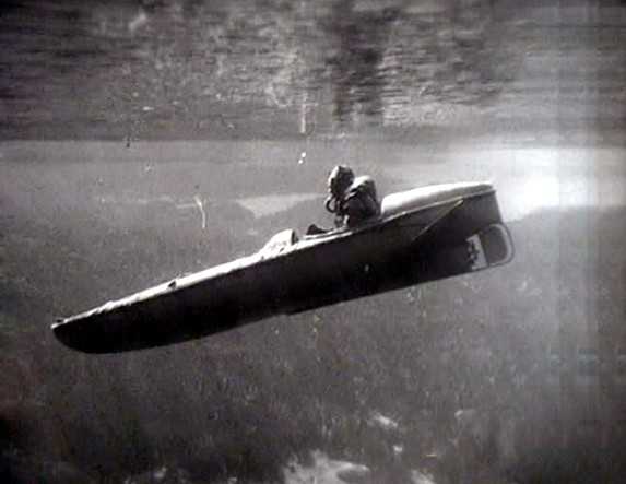 The Sleeping Beauty, a motorized submersible canoe, shown underwater.
