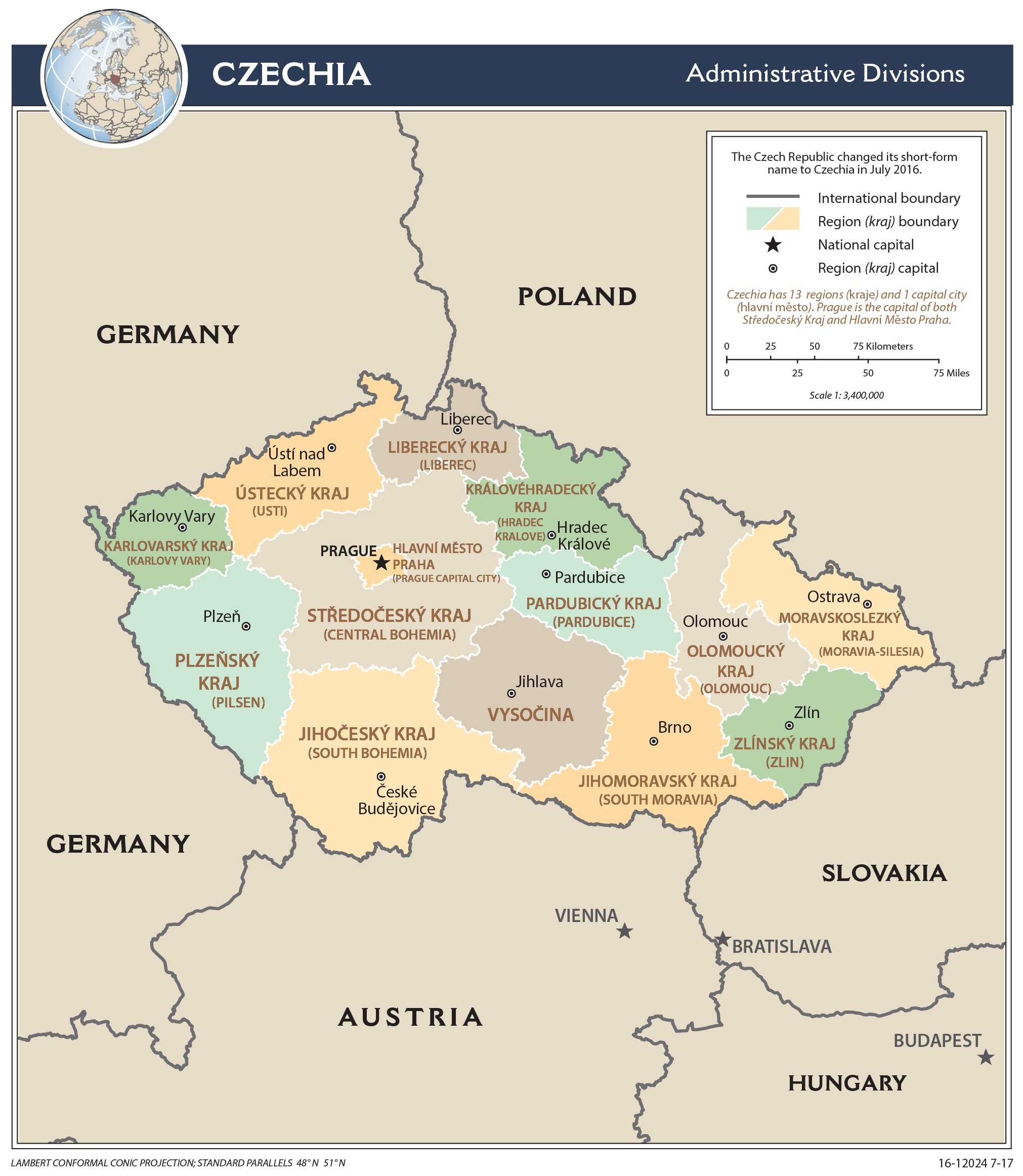 Administrative map of Czechia.