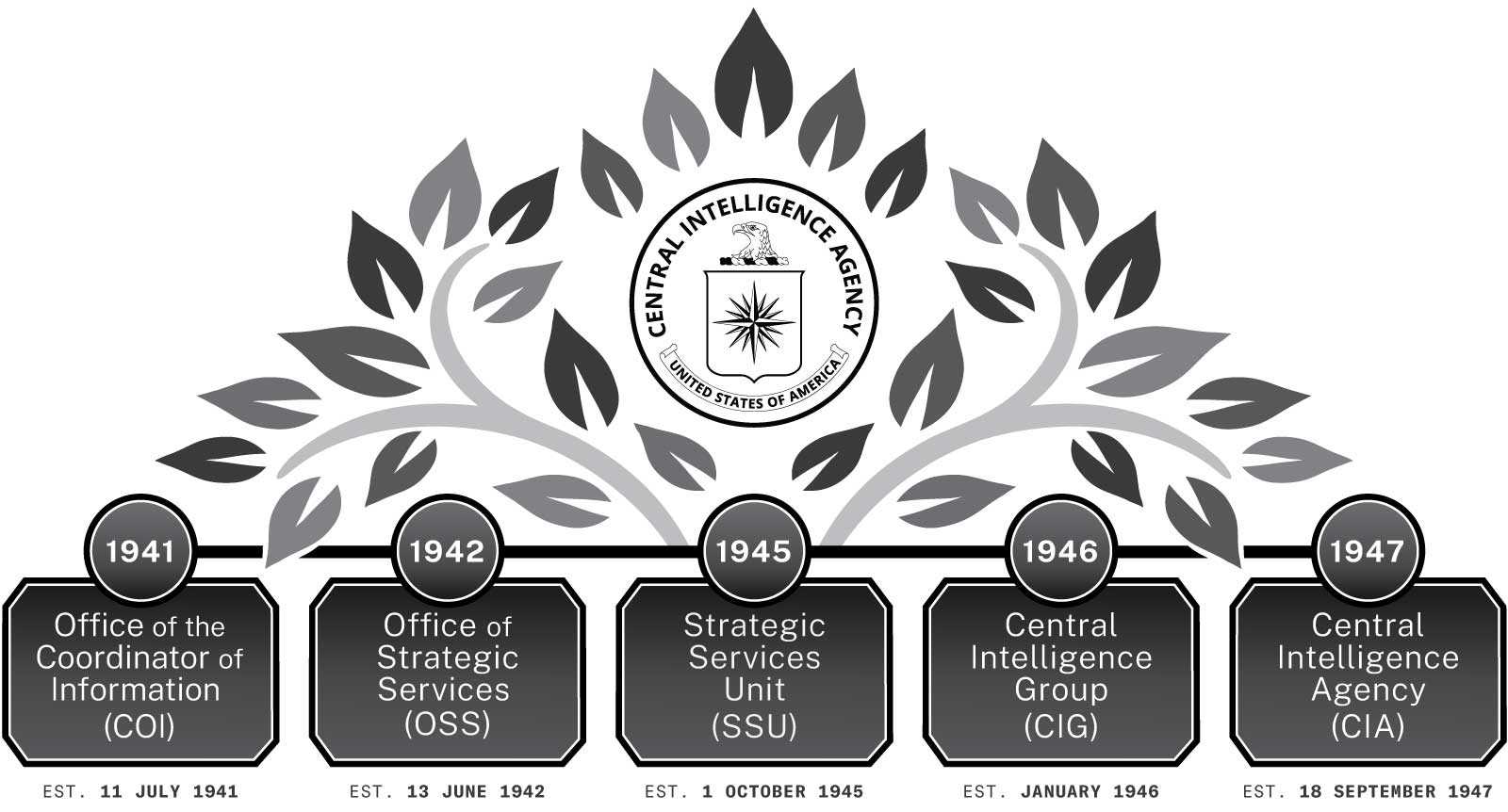 black and white graphic showing different branches of intelligence agencies before CIA, that look like a tree shape
