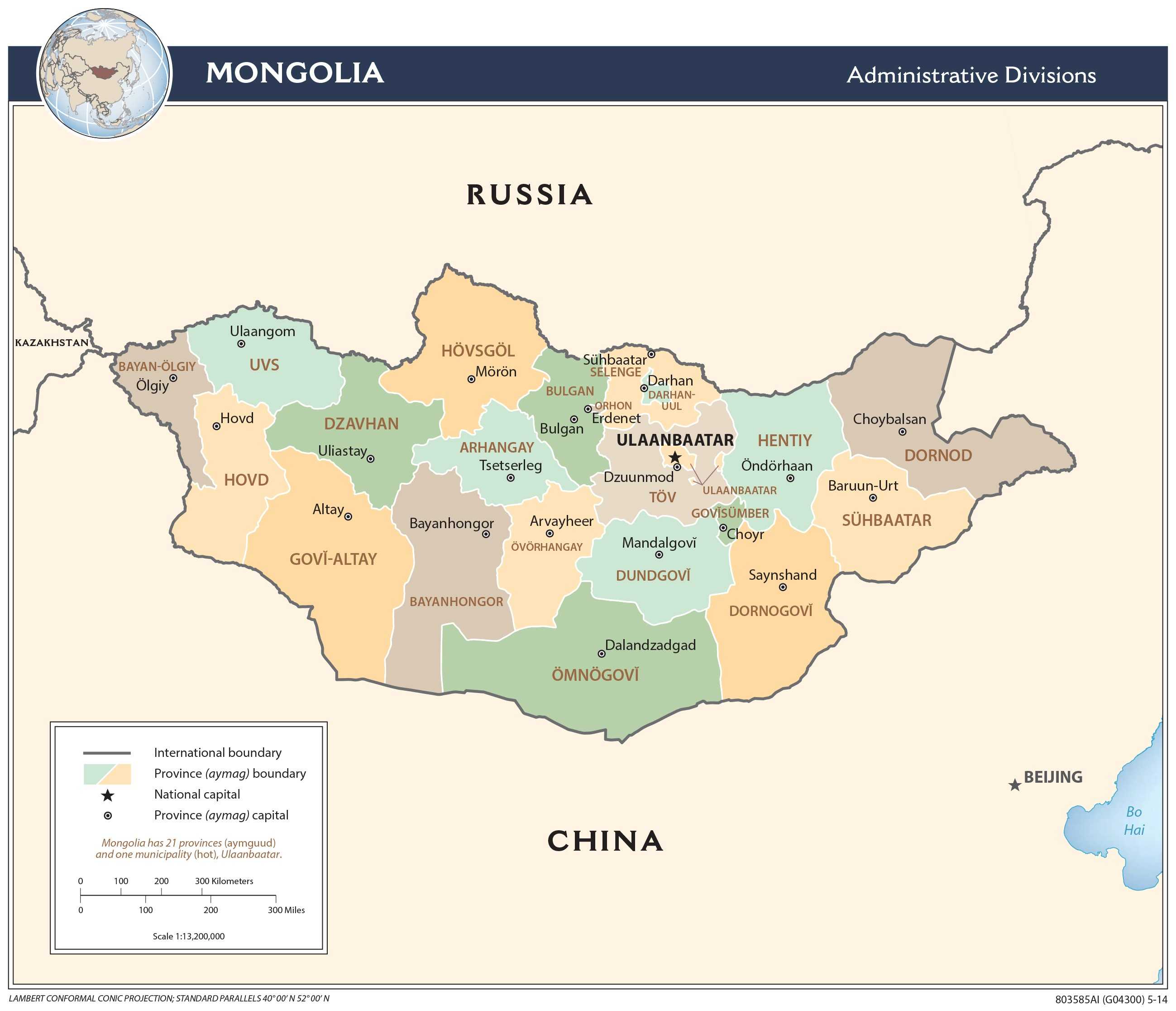 Administrative map of Mongolia.
