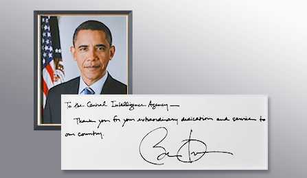 A picture of President Obama and a handwritten note from him thanking the CIA for their services.