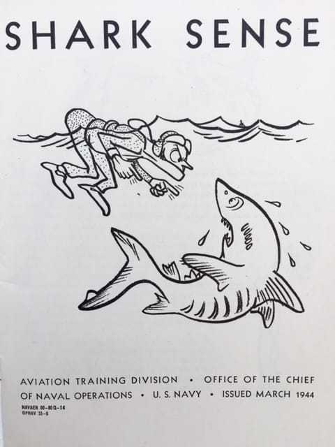 A poster illustration titled "SHARK SENSE" with a cartoon diver pointing at a sweating shark.