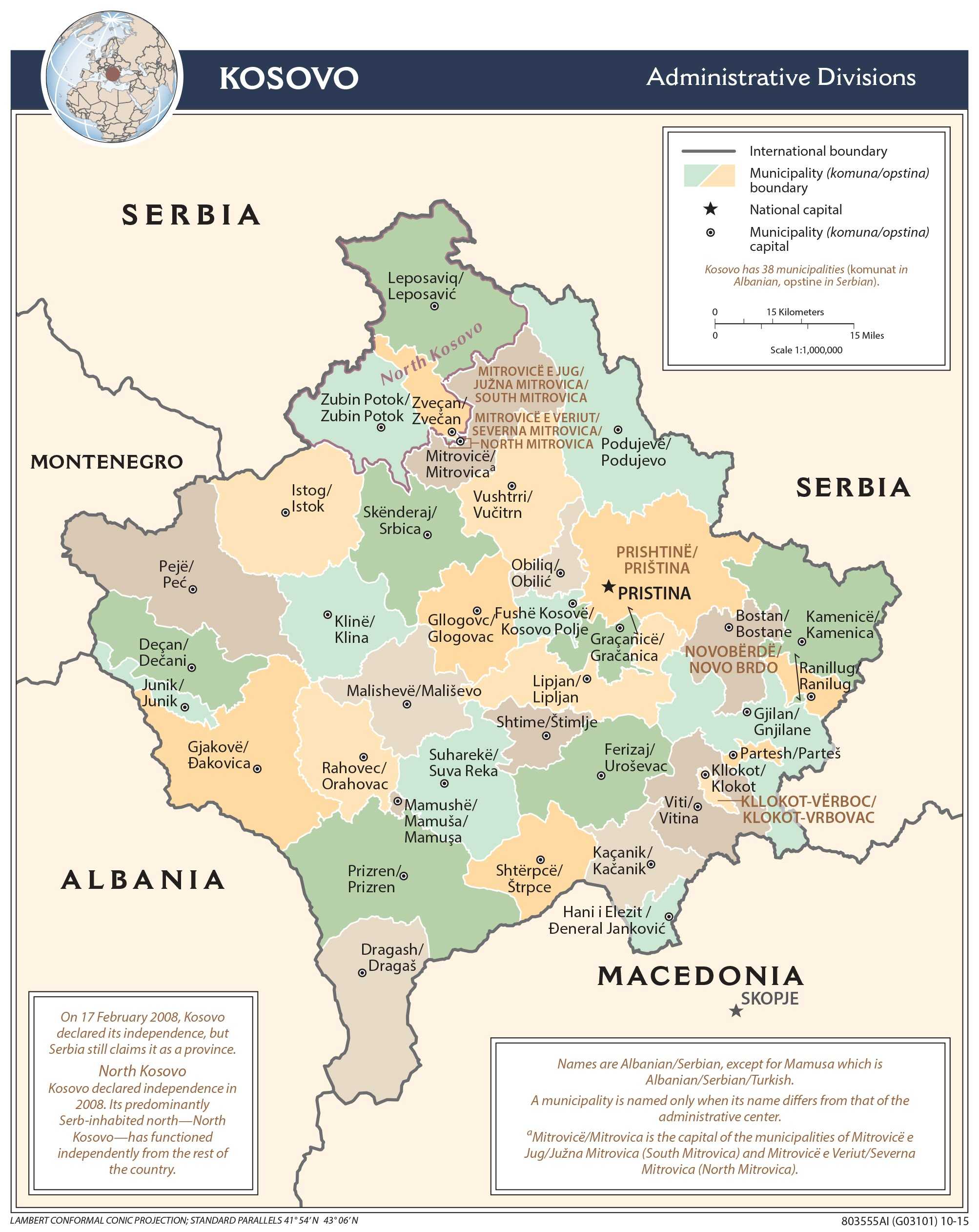 Administrative map of Kosovo.