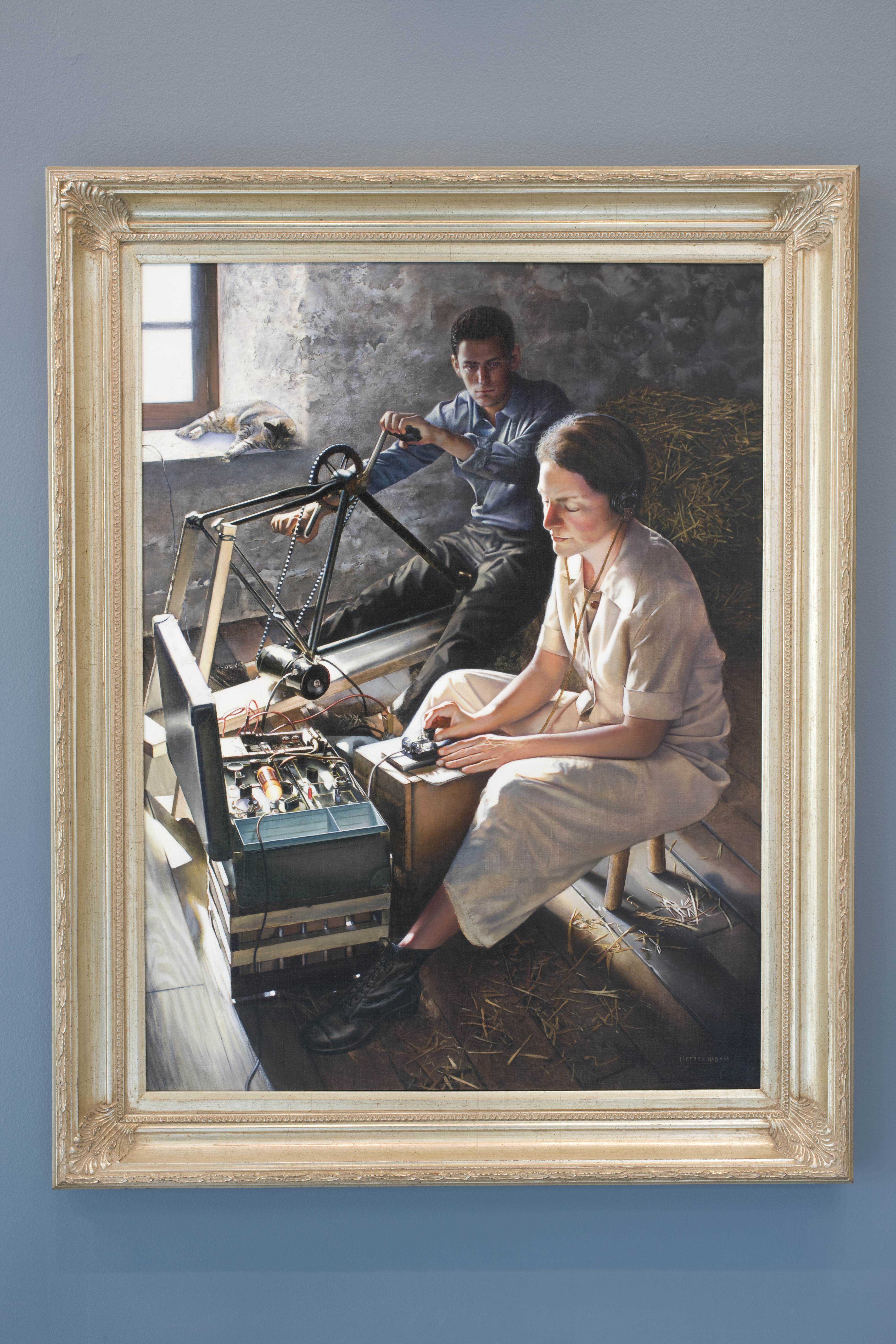 A framed painting of Virginia Hall using a hand wound radio to contact allied forces in London