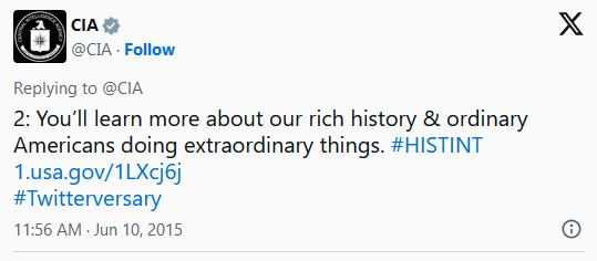 Twitter post that reads: "You'll learn more about our rich history & ordinary Americans doing extraordinary things." Hashtags: History Intelligence and Twitterversary.