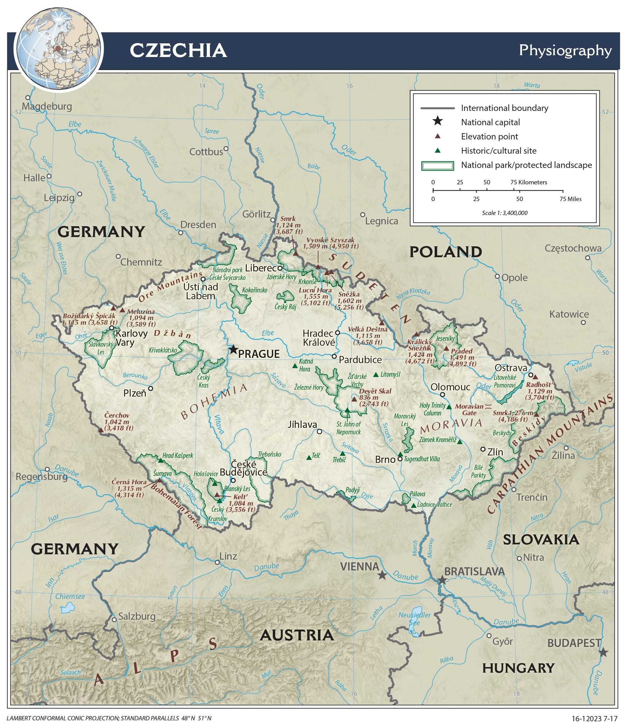 Physiographical map of Czechia.