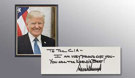 A picture of President Trump and a handwritten note from him thanking the CIA for their services.