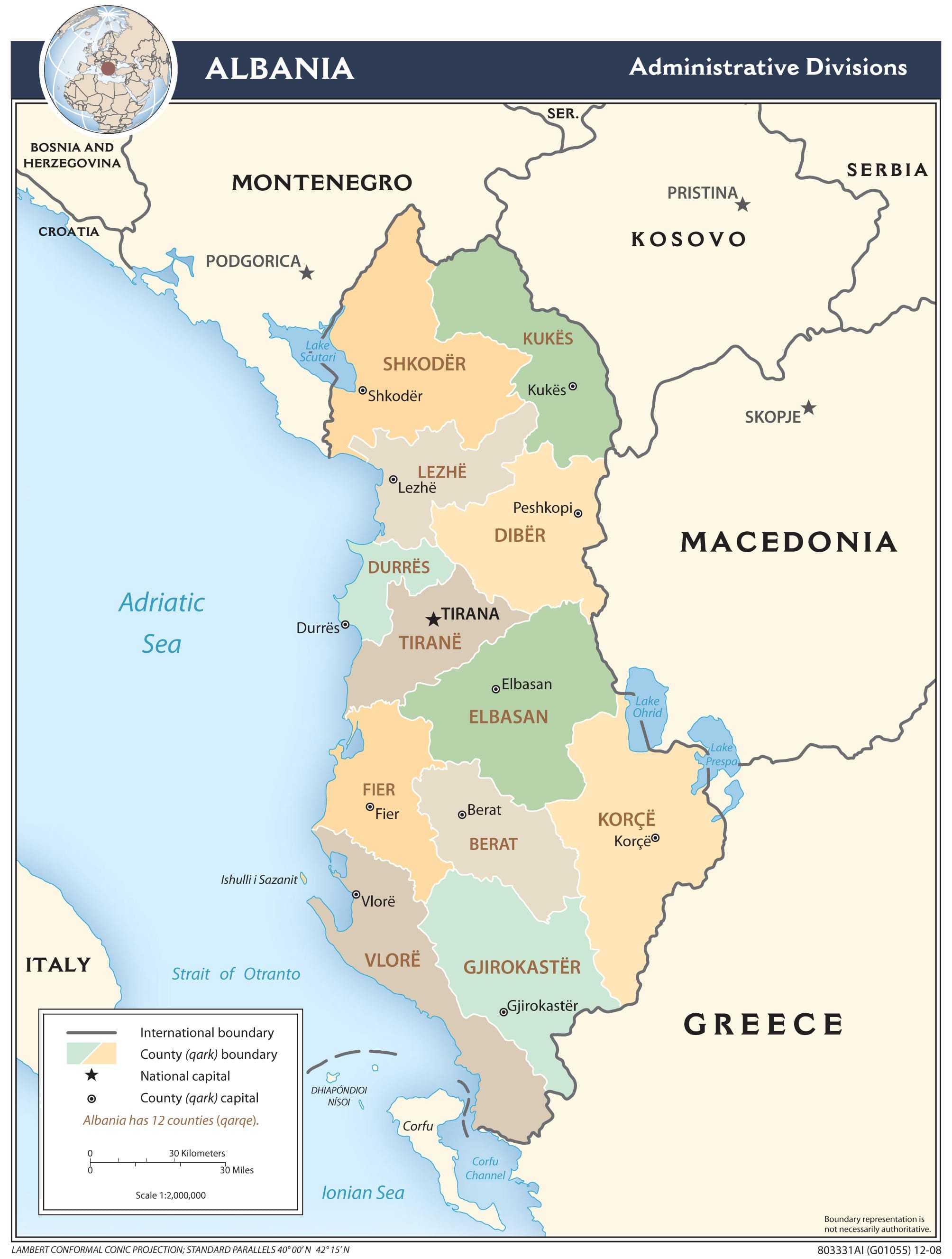 Administrative map of Albania.